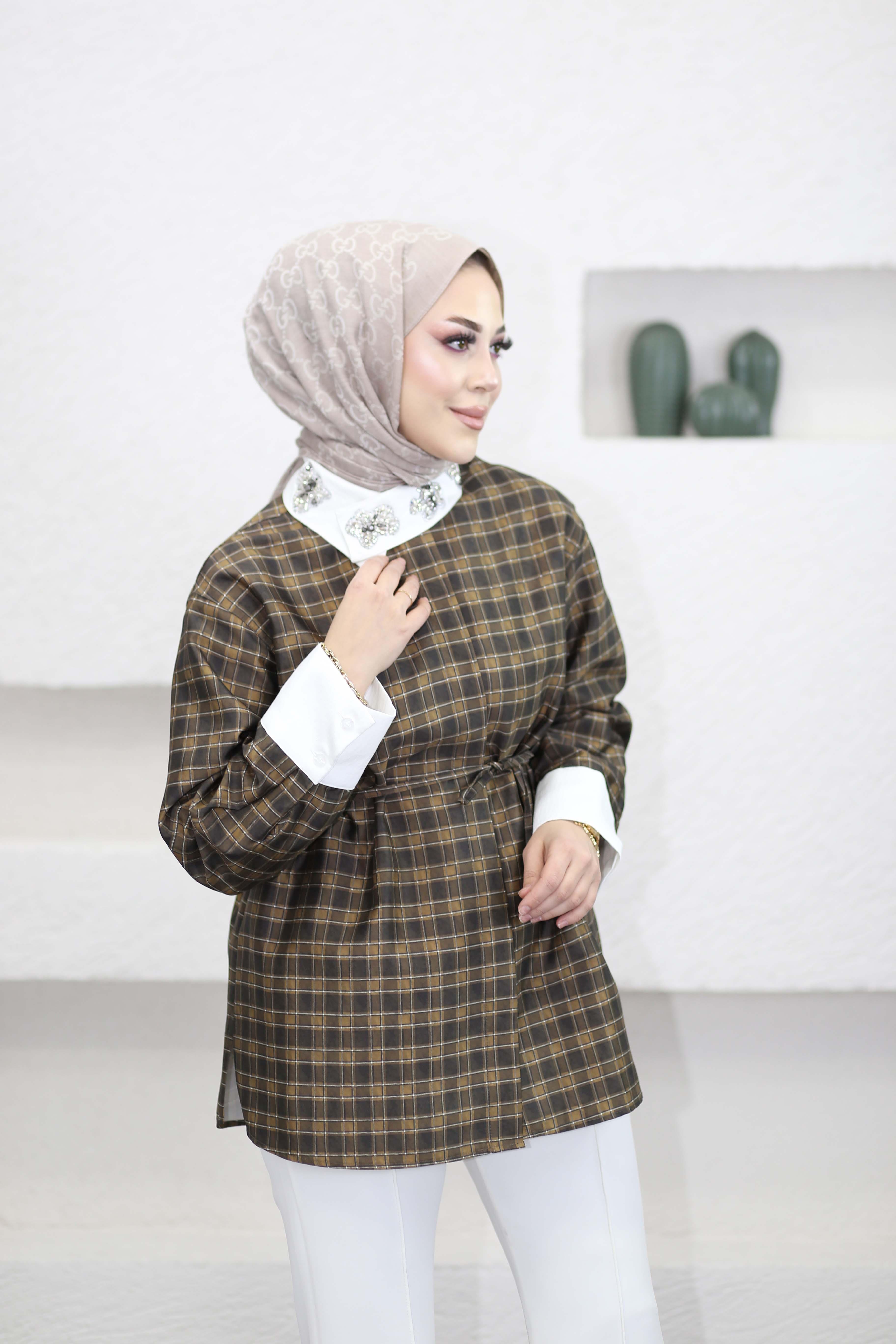 Taş Yakalı Ekose Gömlek Haki 556