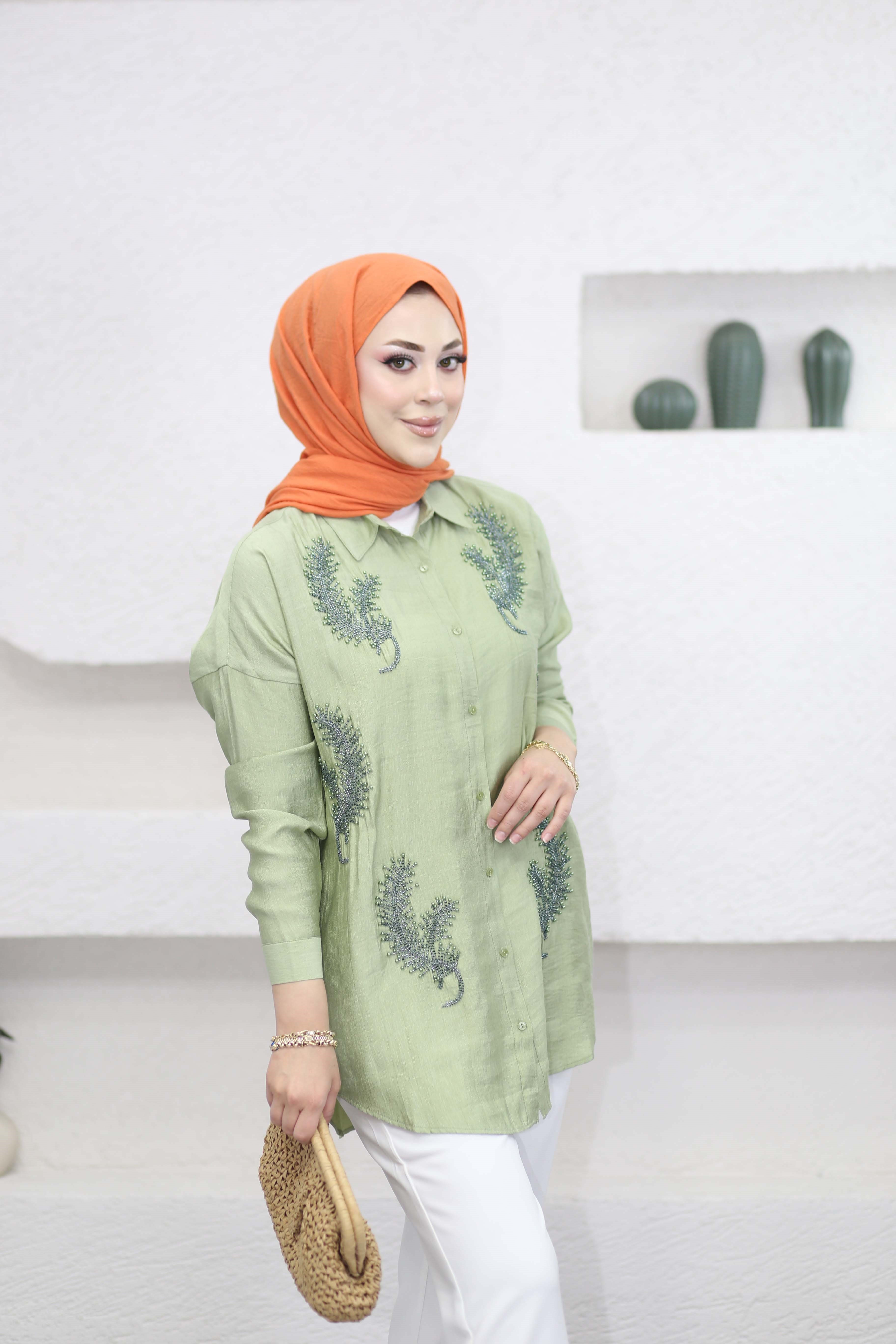 Eliz Nakışlı Gömlek Çağla Yeşili 5109