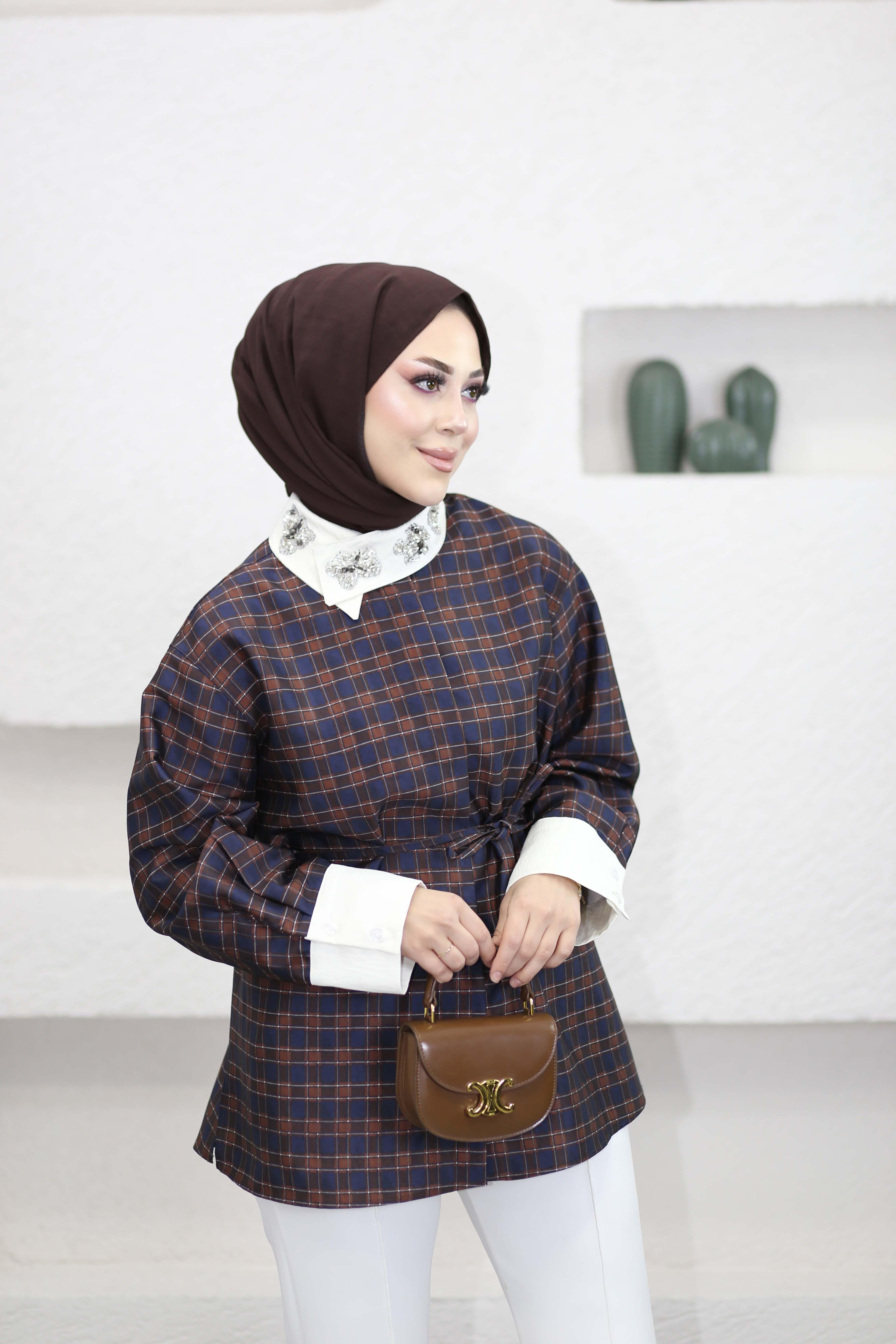 Taş Yakalı Ekose Gömlek Lacivert 556
