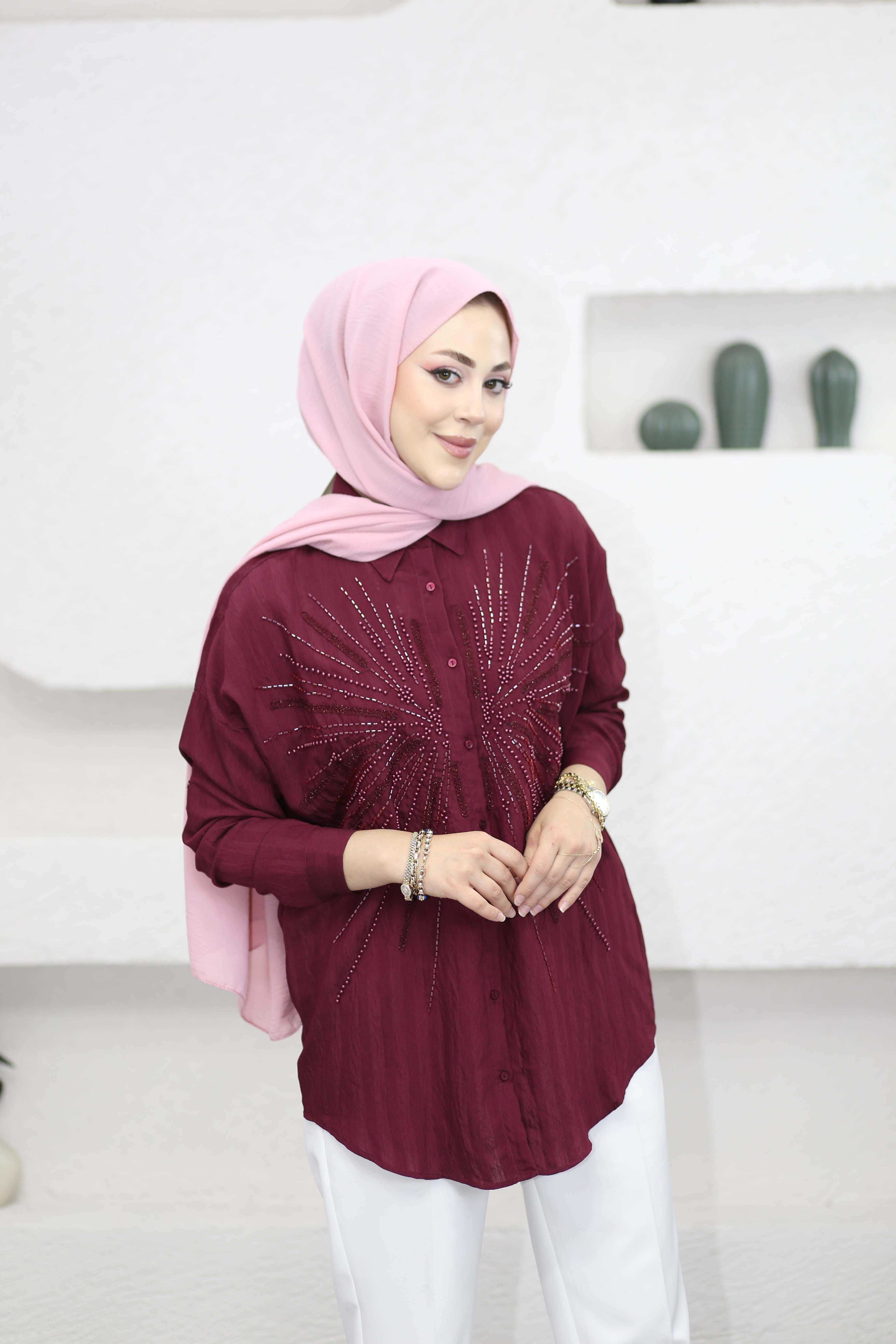 Mery Nakışlı Gömlek Bordo 5202