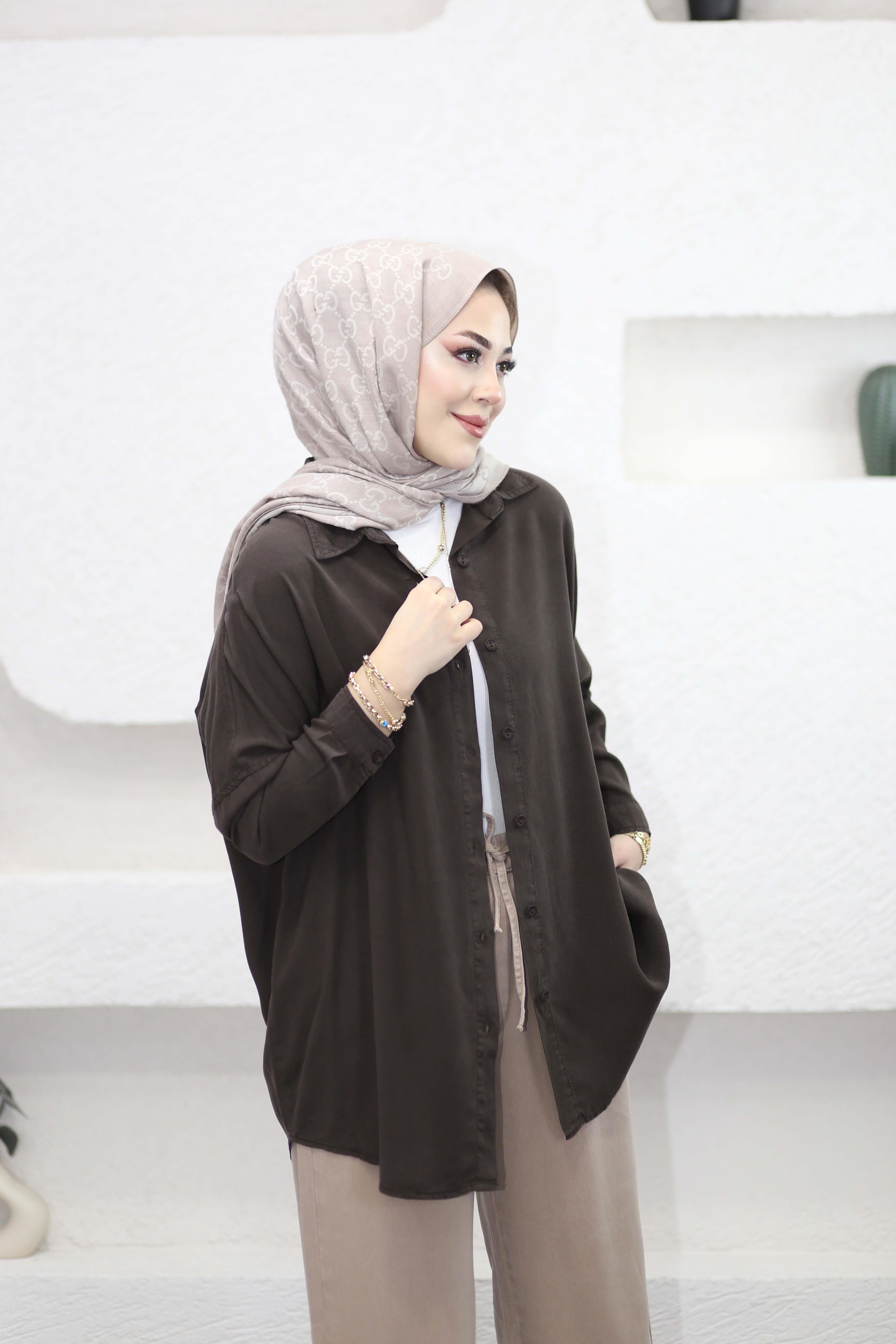 Oversize Tencel Gömlek Kahverengi 7351