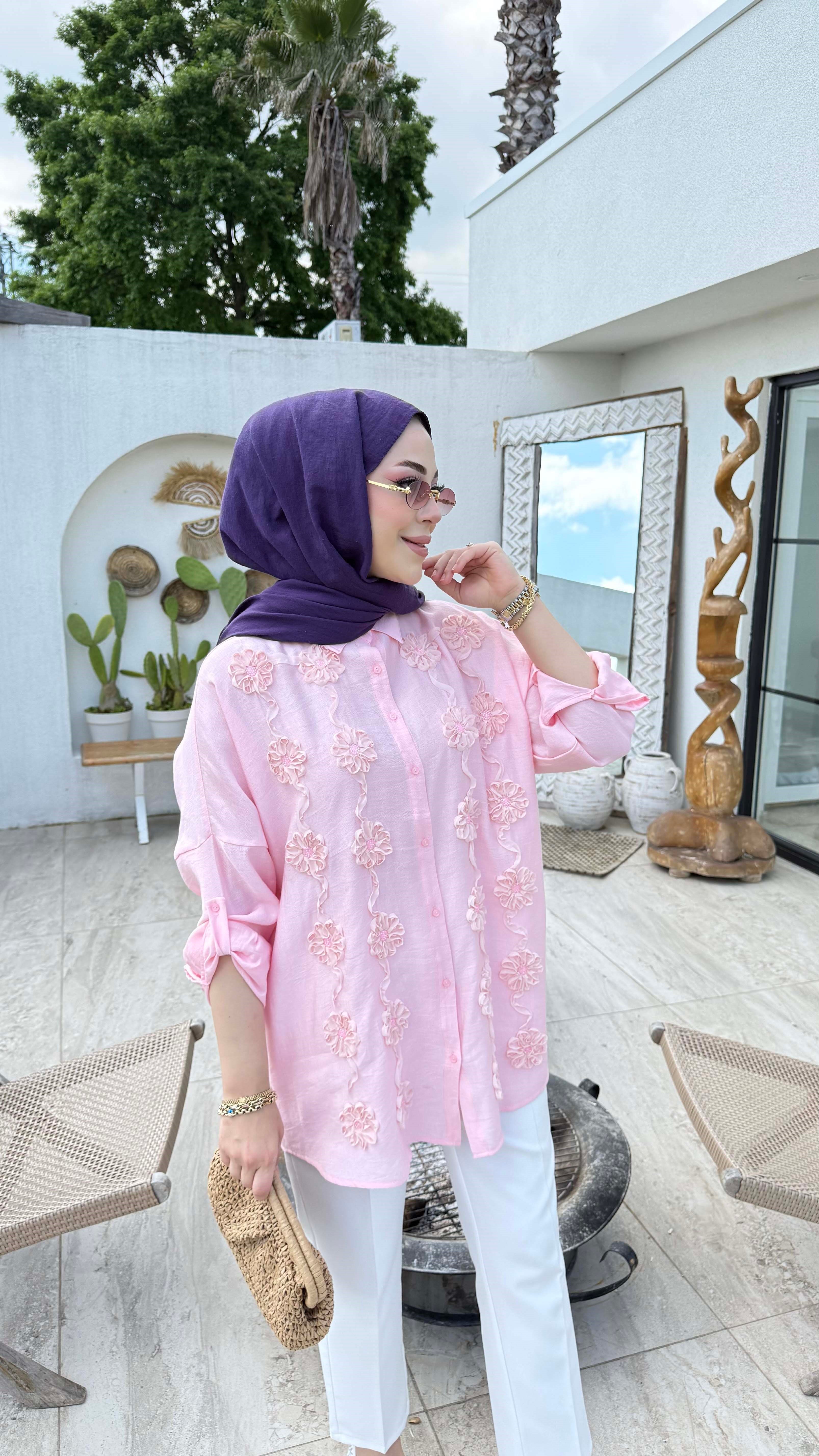 Çiçek Tüllü Gömlek Pembe 5479
