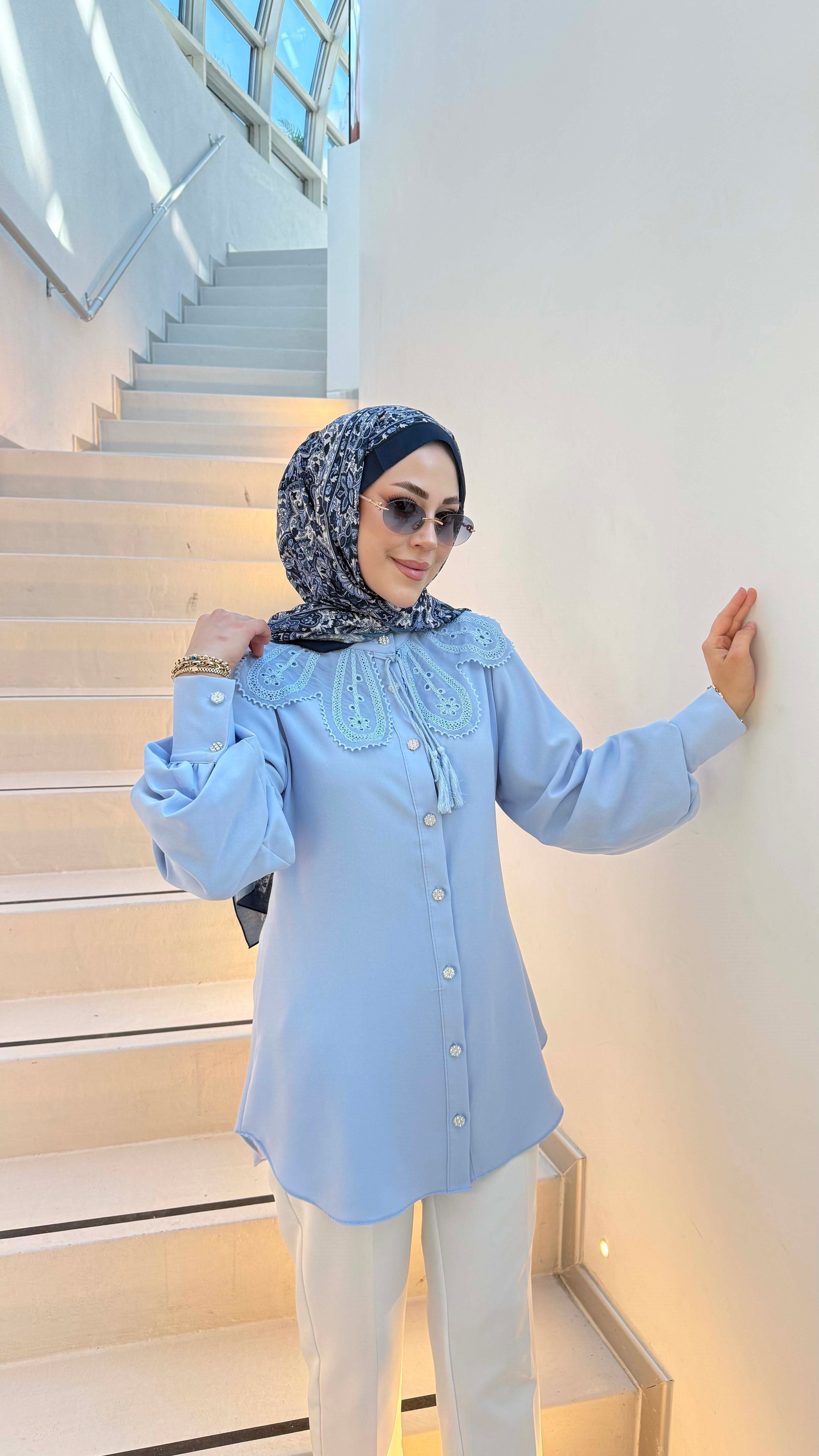 Dantel İp Yakalı Gömlek Bebe Mavi 363