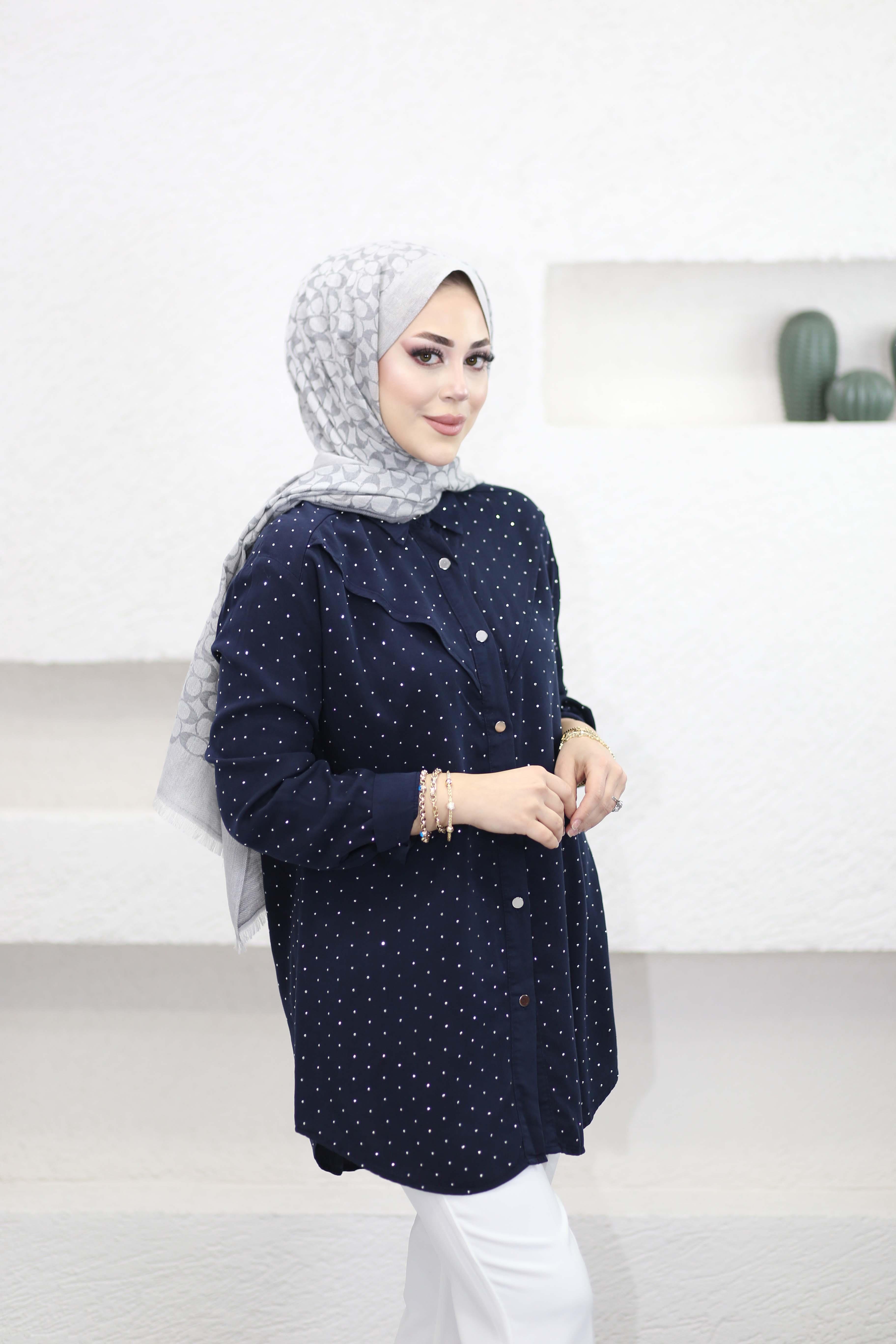Taşlı Tencel Gömlek Lacivert 7421