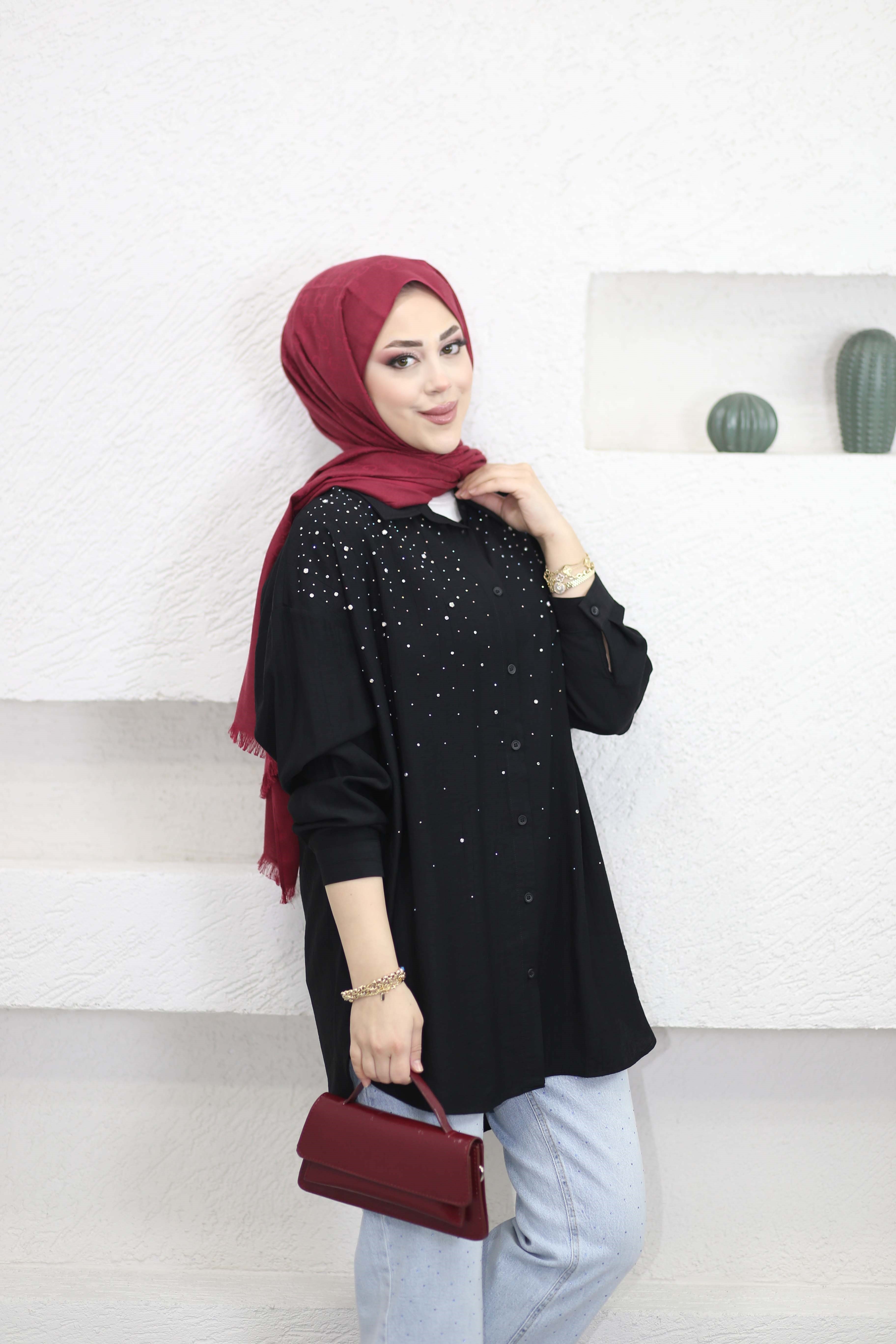 Taşlı Oversize Gömlek Siyah 34818