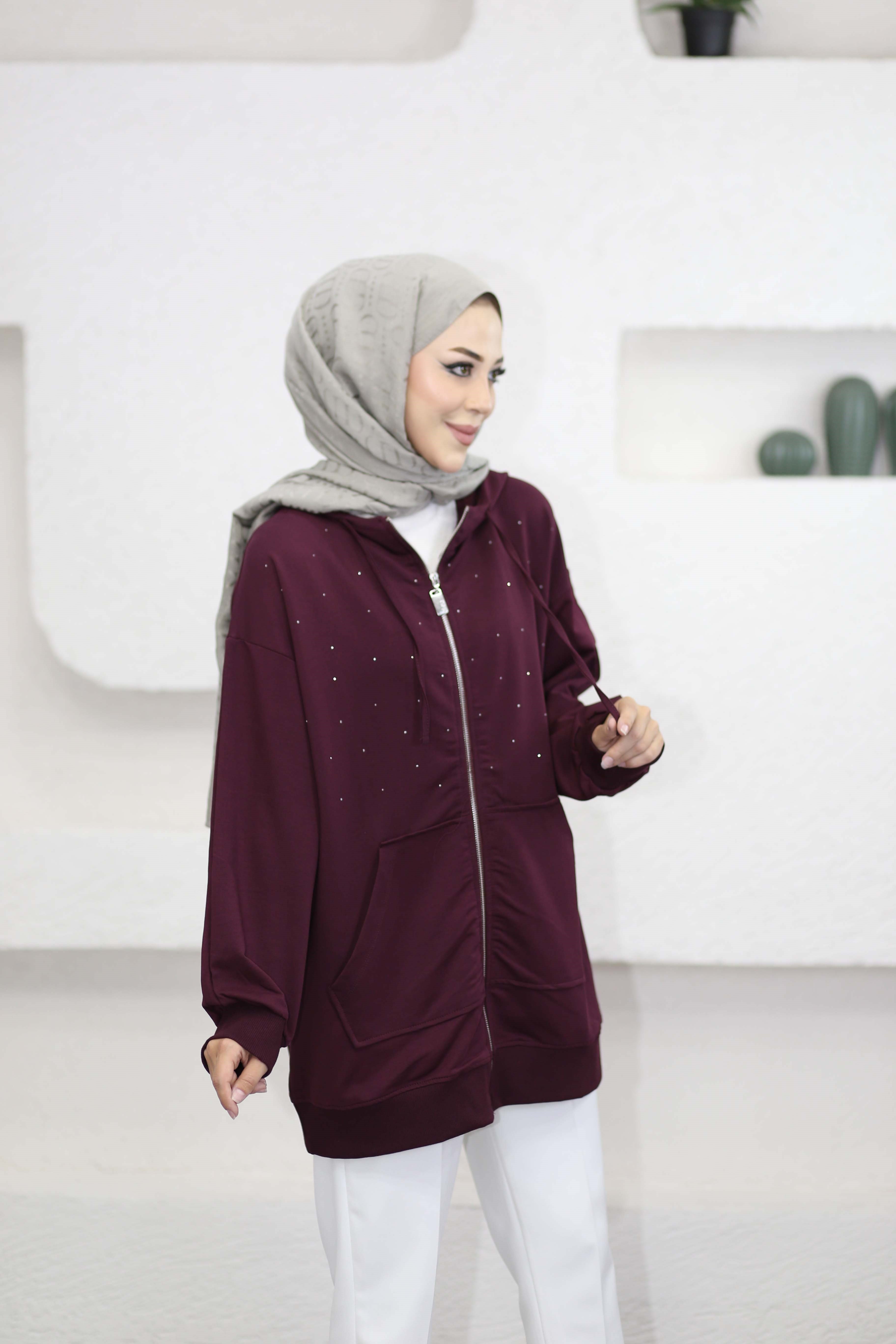 Serpme Taşlı Hırka Mürdüm 3449