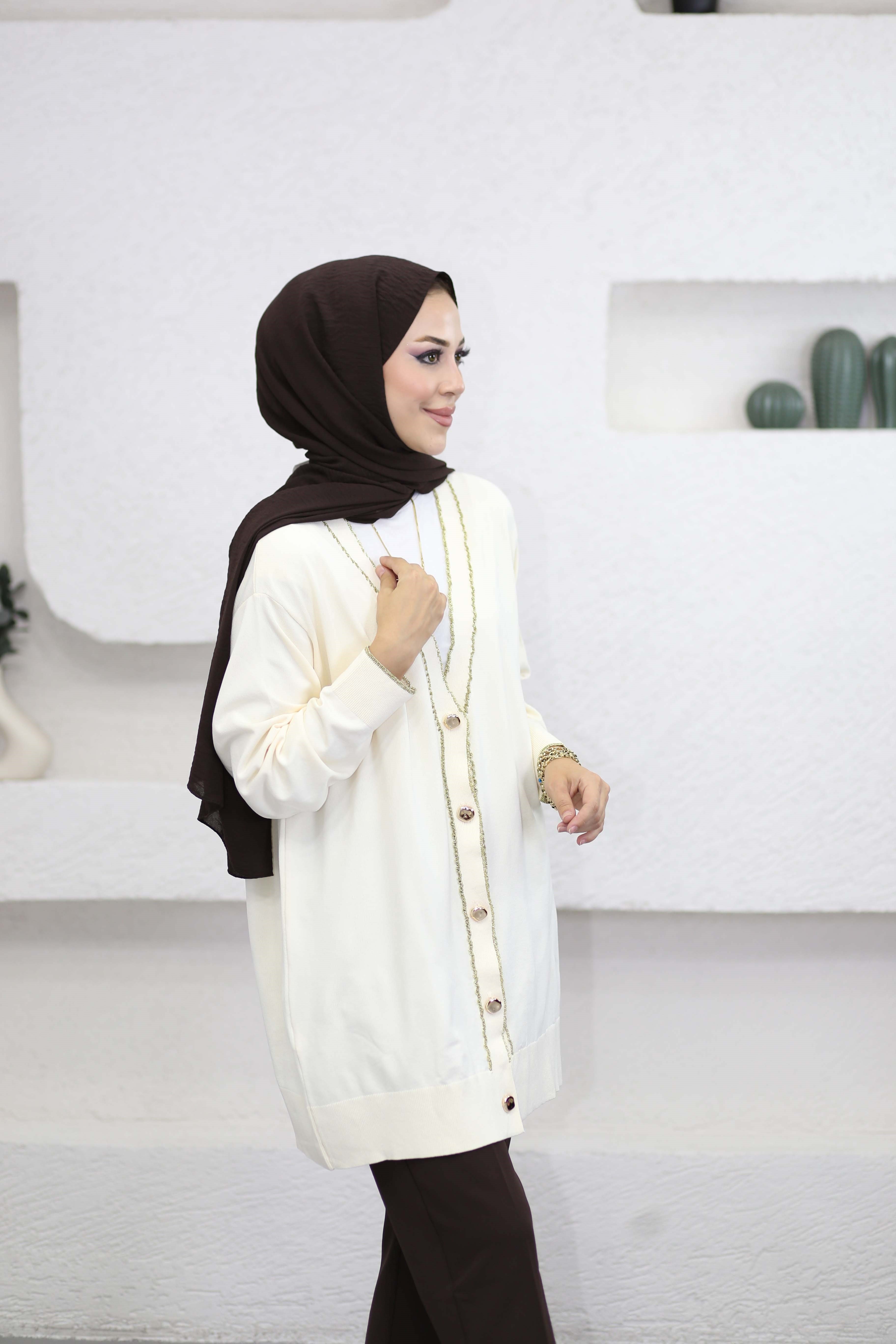 Sim Şeritli Hırka Ekru 44271