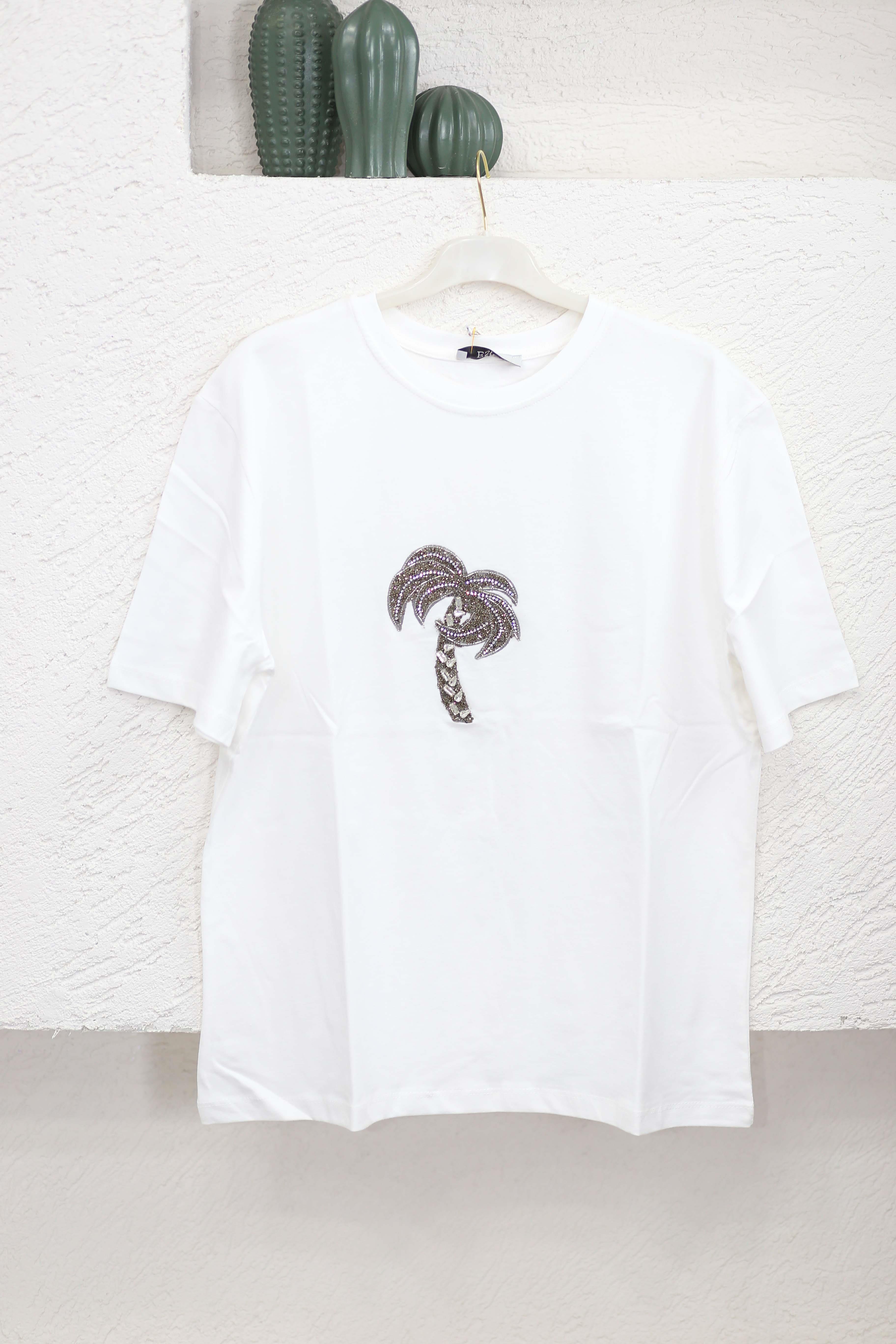 Taşlı Palmiye Desen Tişört Beyaz 9011