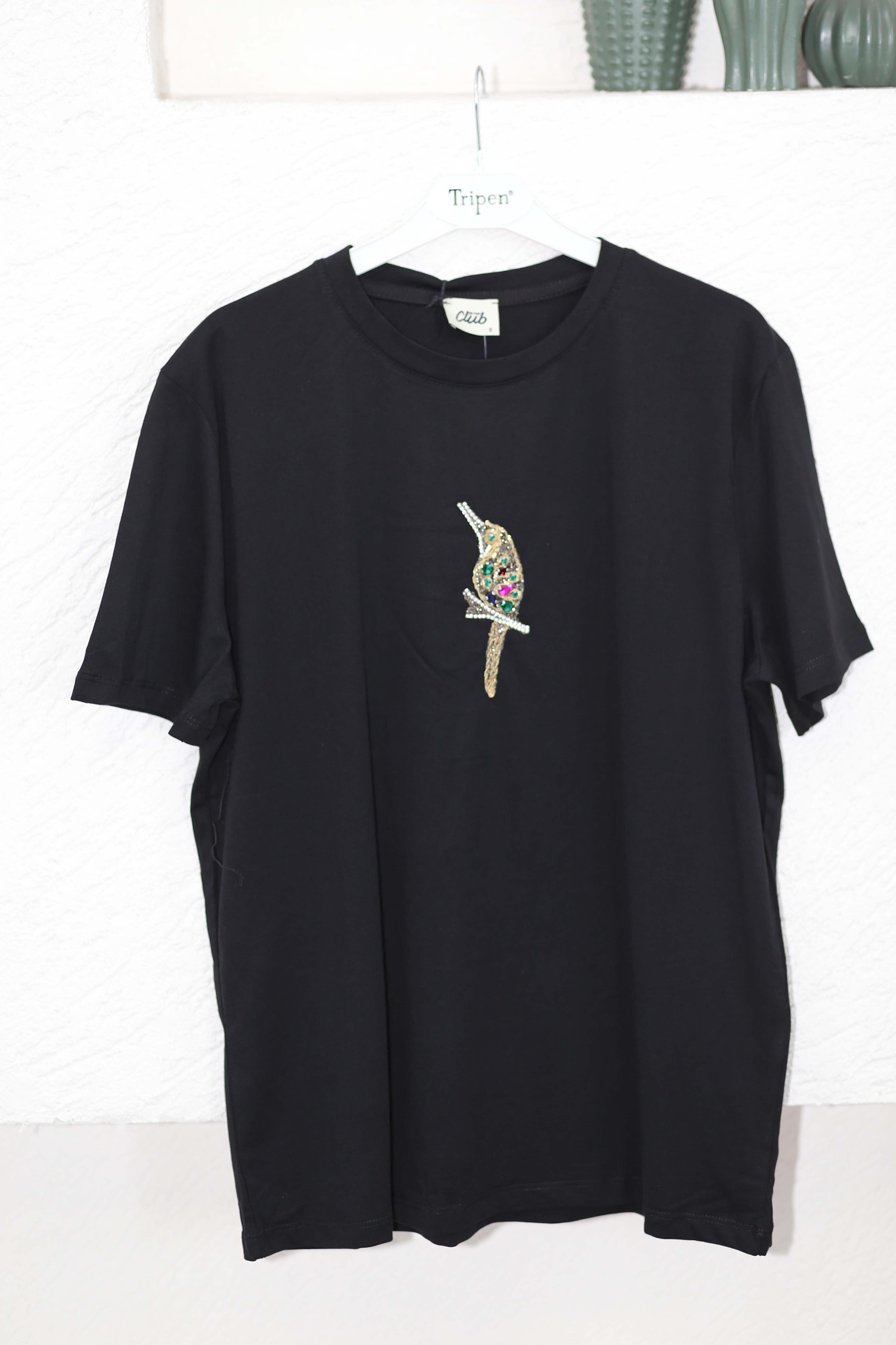 Papağan Taşlı Tişört Siyah 9008