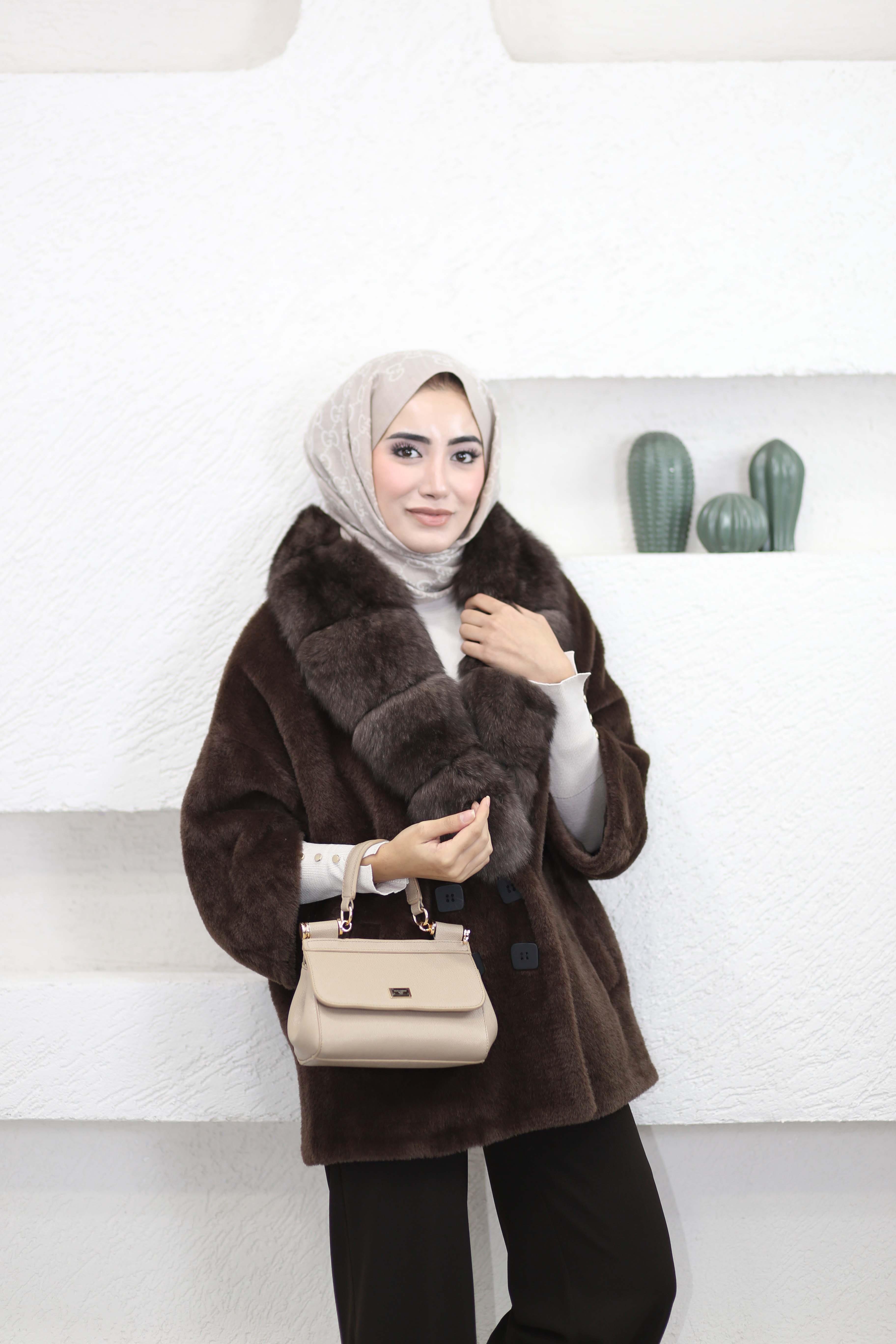 Kürk Ve Düğme Detaylı Angora Kaban Kahverengi 7293