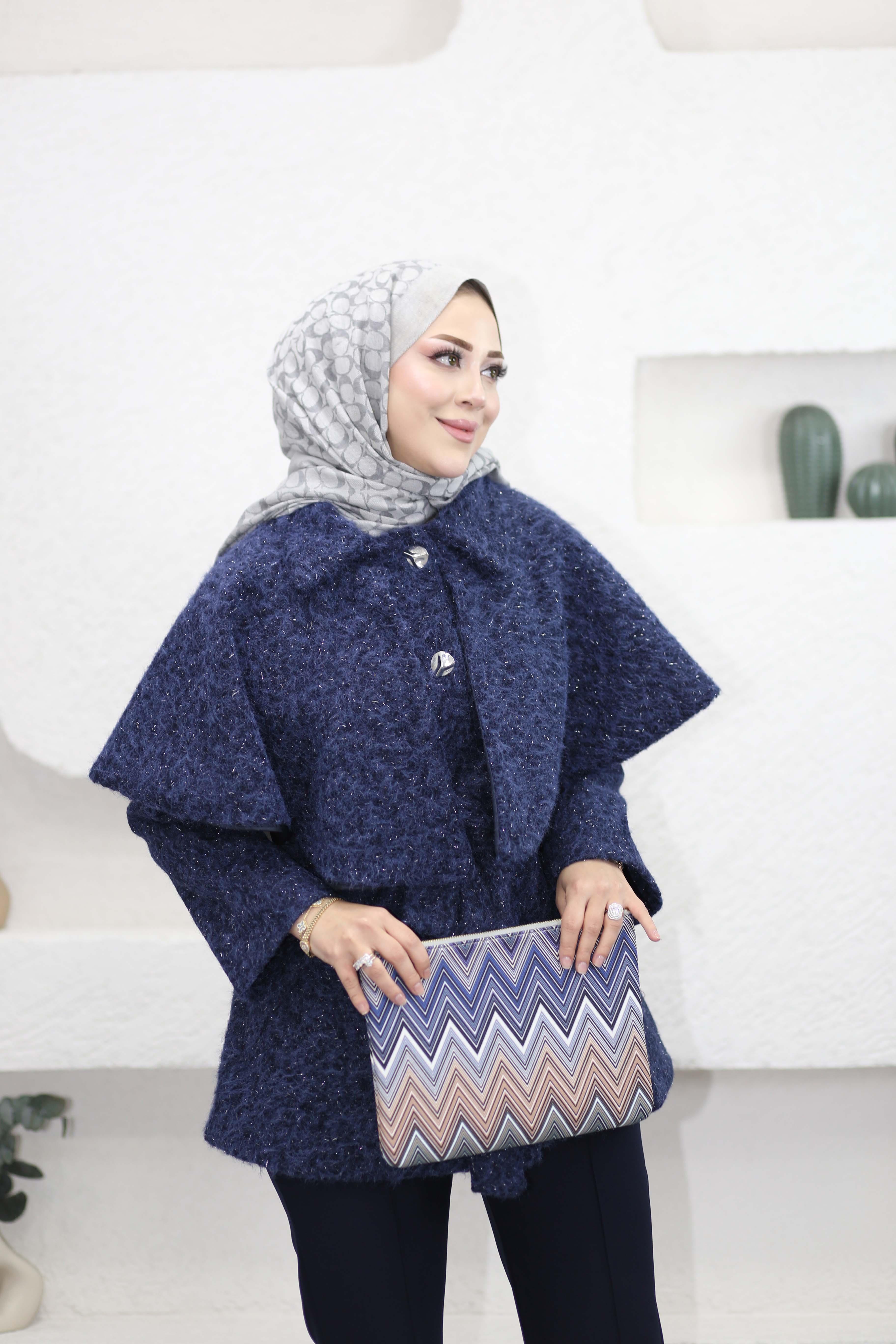 Geniş Yaka Simli Kaban Lacivert 6953