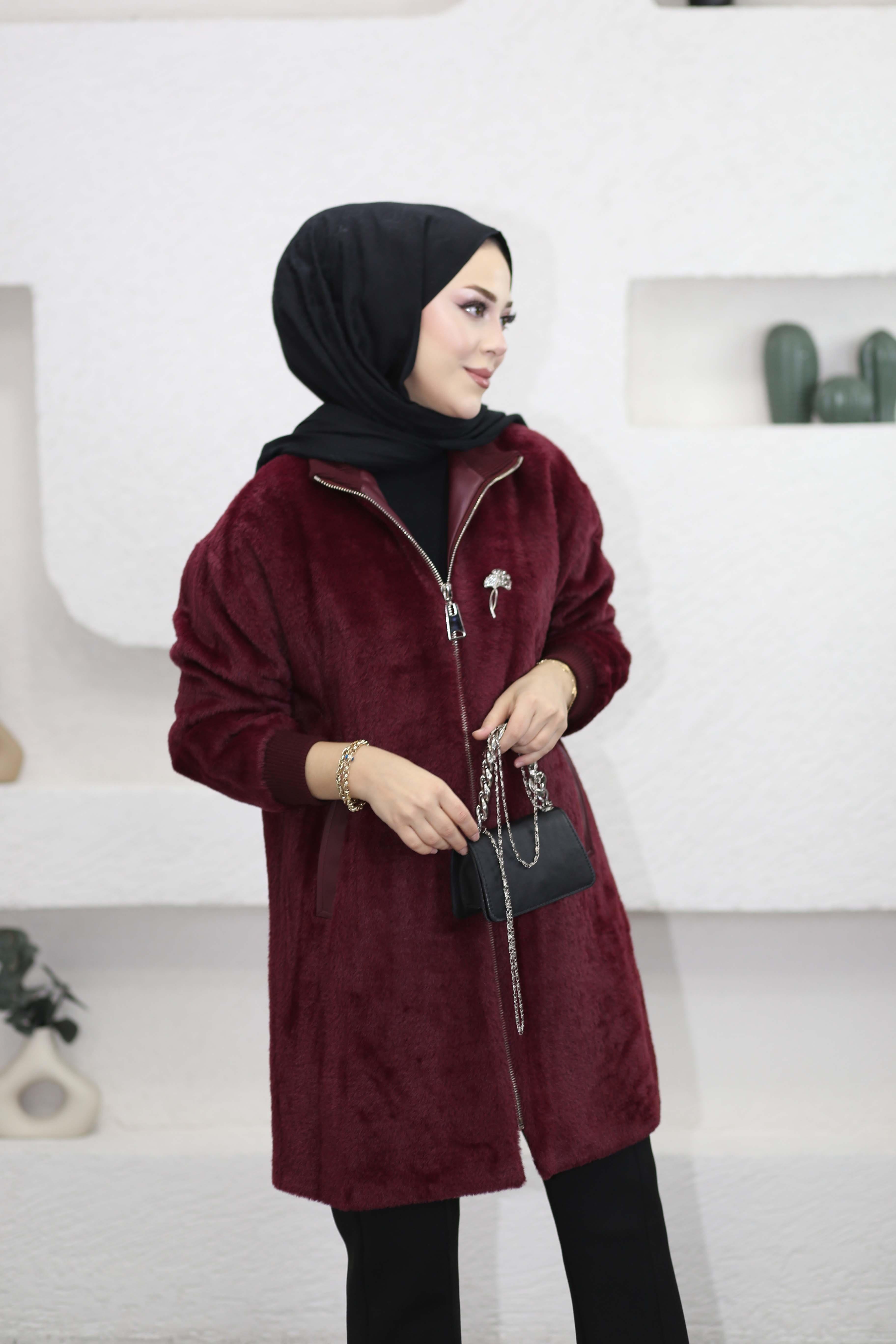 Broşlu Angora Kaban Bordo 1434