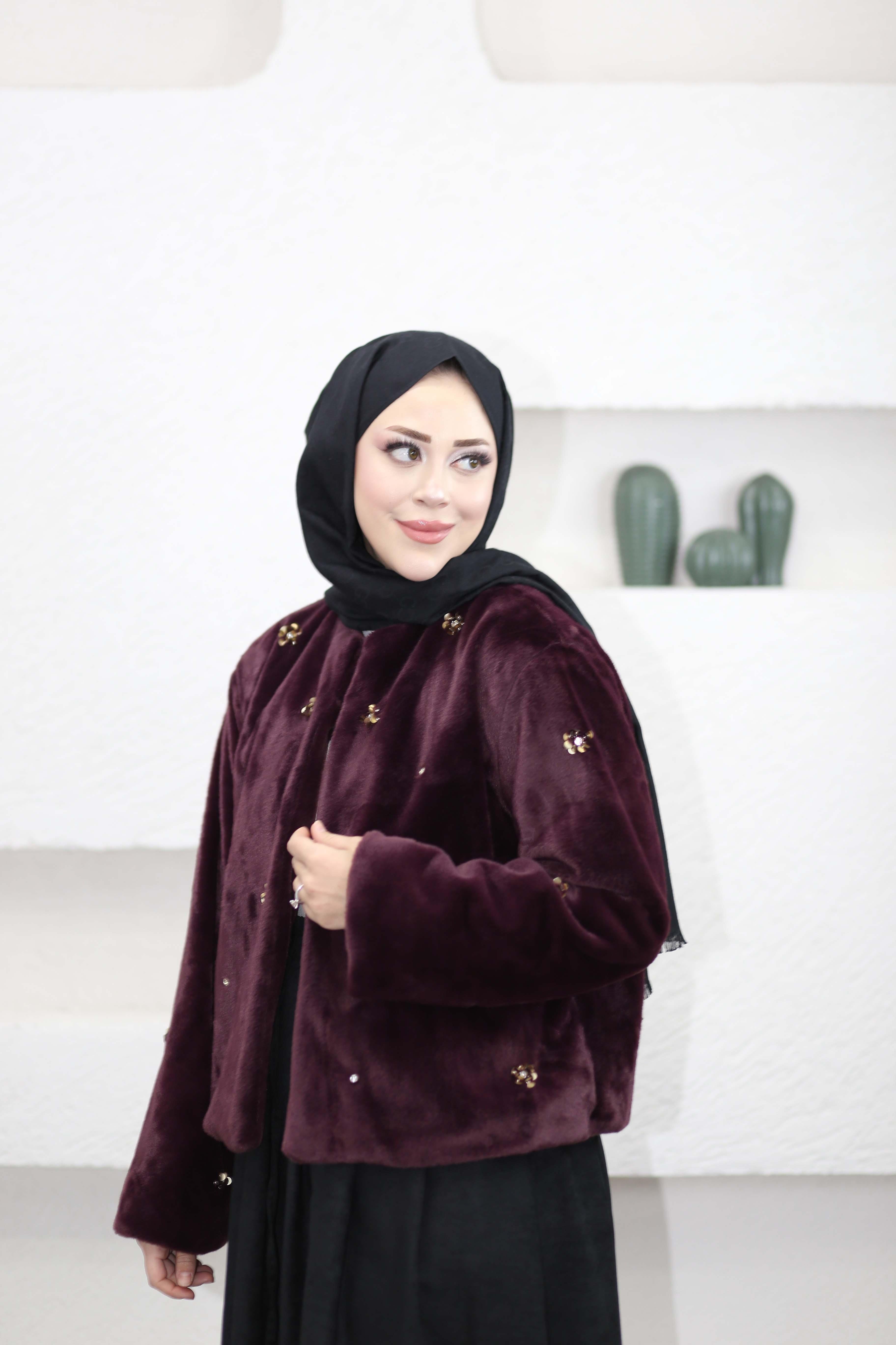 Veloura İşlemeli Kısa Kürk Bordo 8014