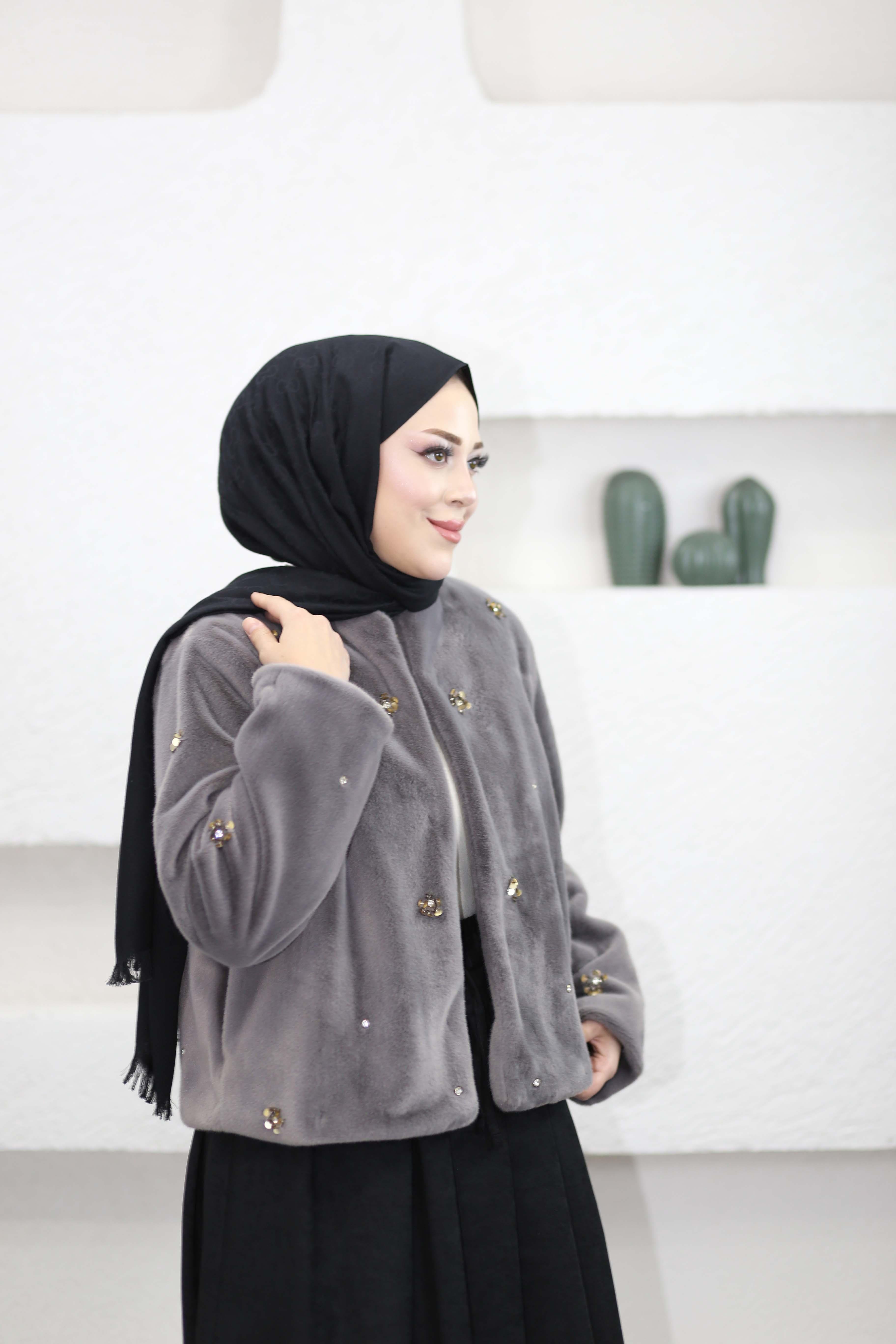 Veloura İşlemeli Kısa Kürk Antrasit 8014