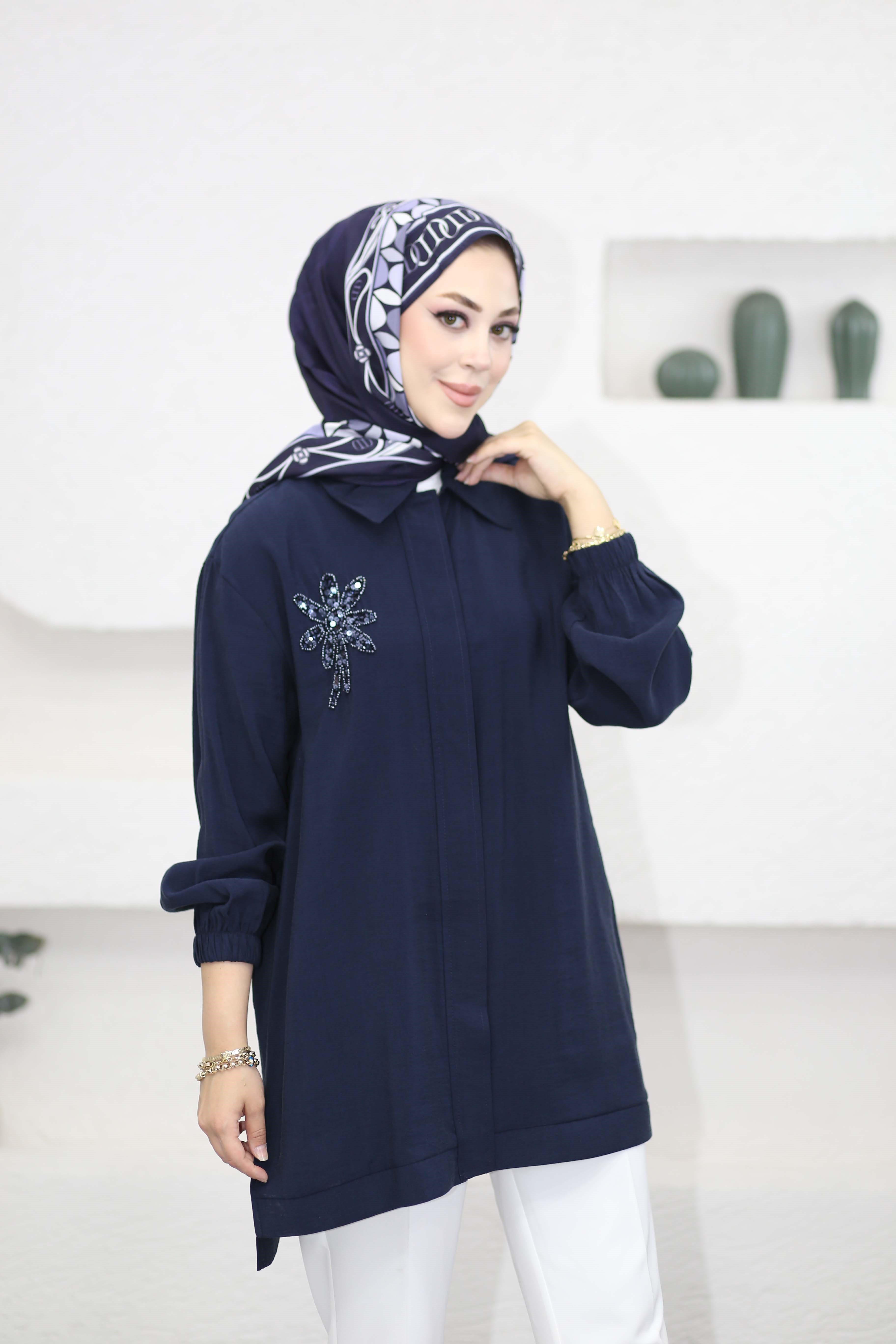 Boncuk Çamlı Tencel Kap Lacivert 7558