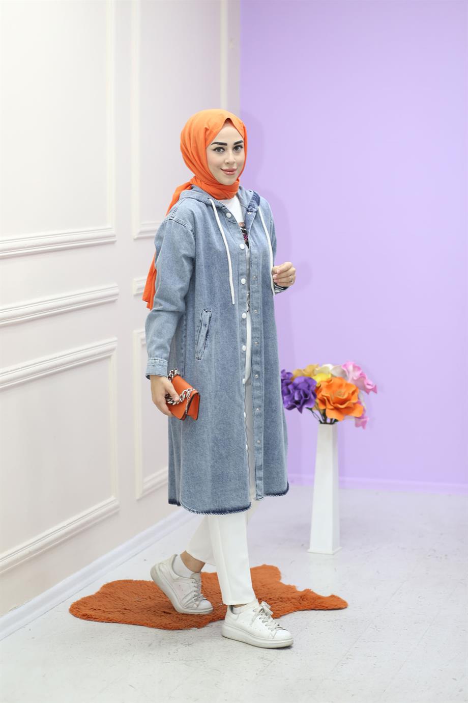 Kapşonlu Denim Kap Açık Mavi 2717