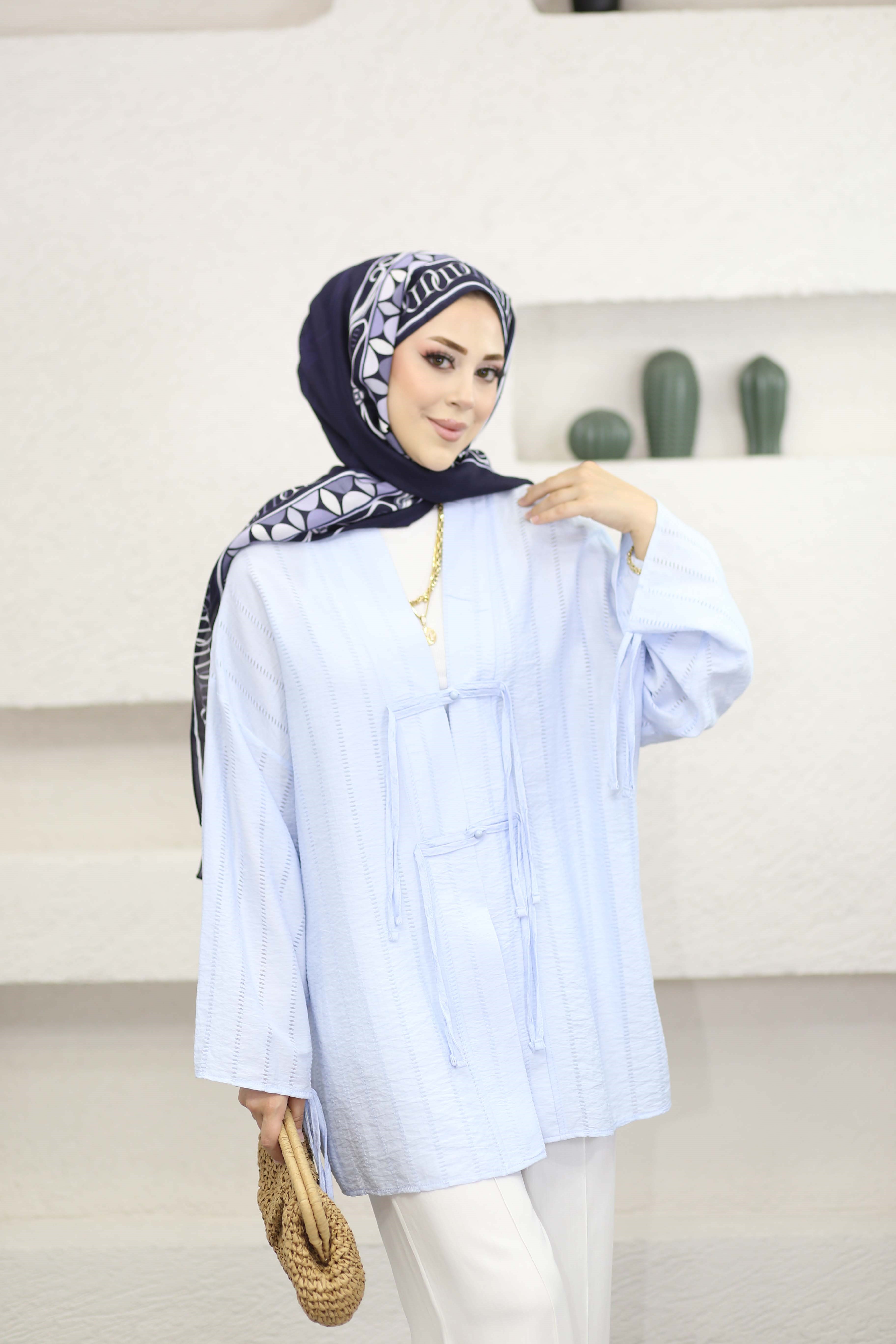 Düğme Bağcıklı Kimono Mavi 1185