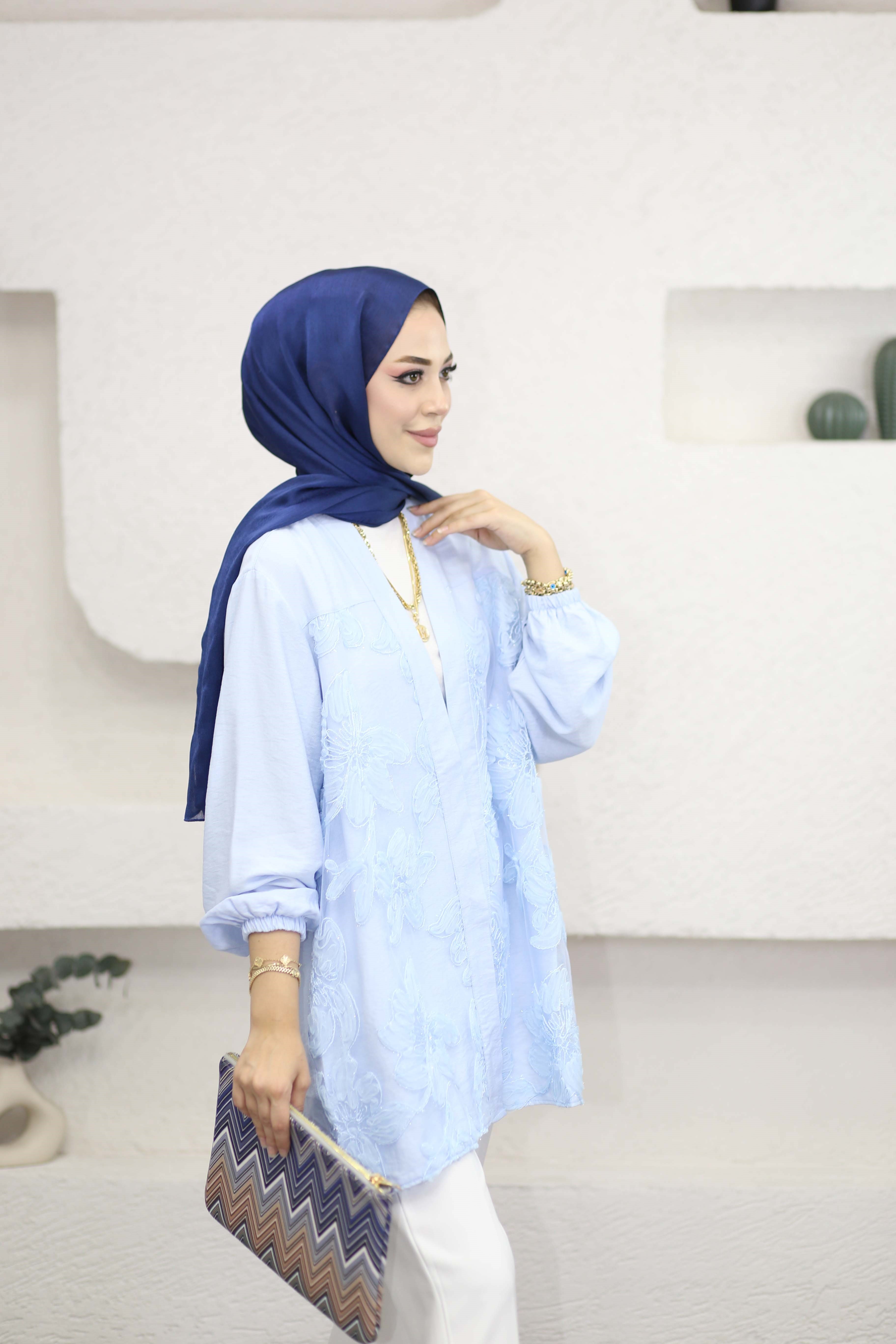 Tül Çiçek Desenli Kimono Mavi 26112
