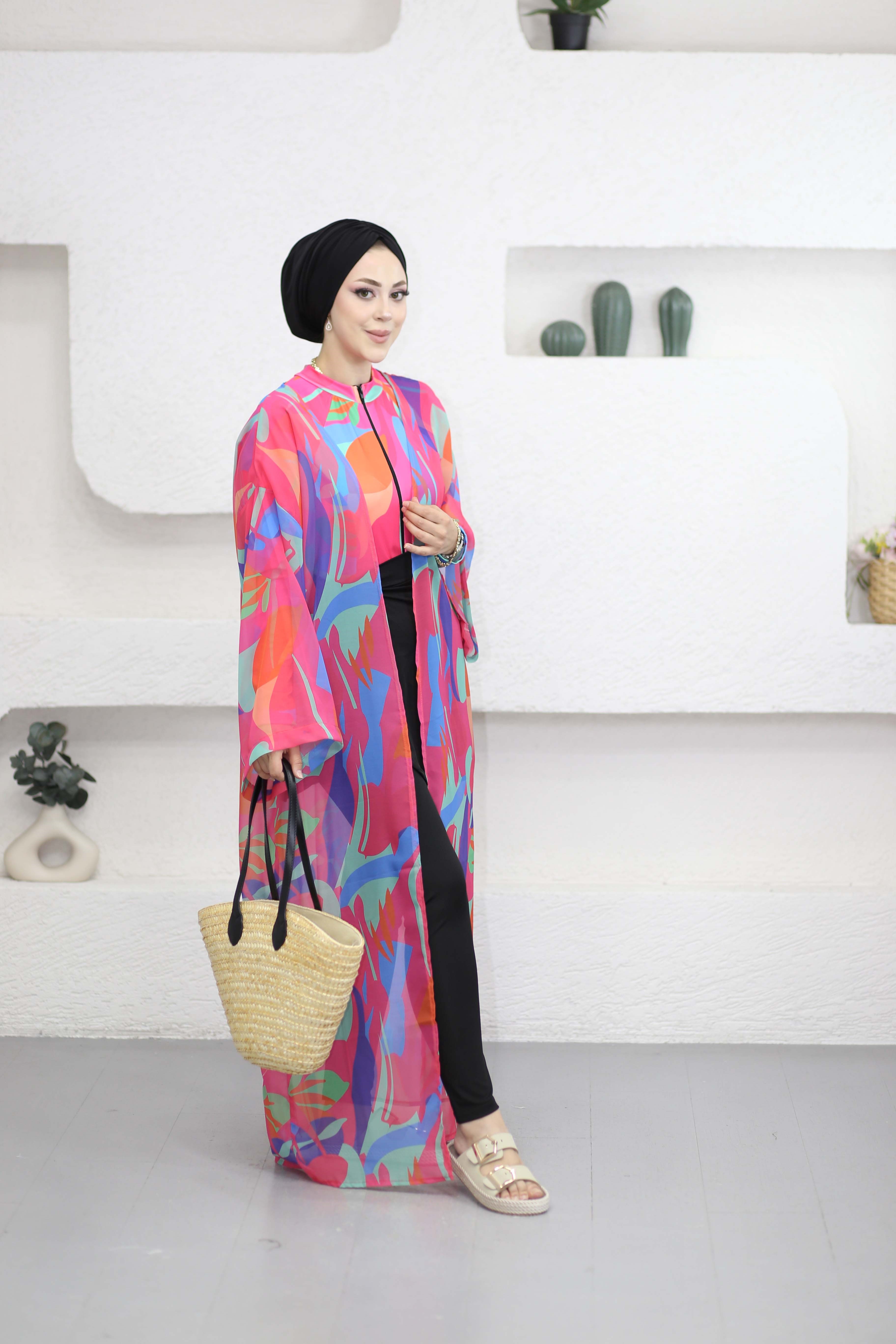Desenli Kimono Fuşya 0002