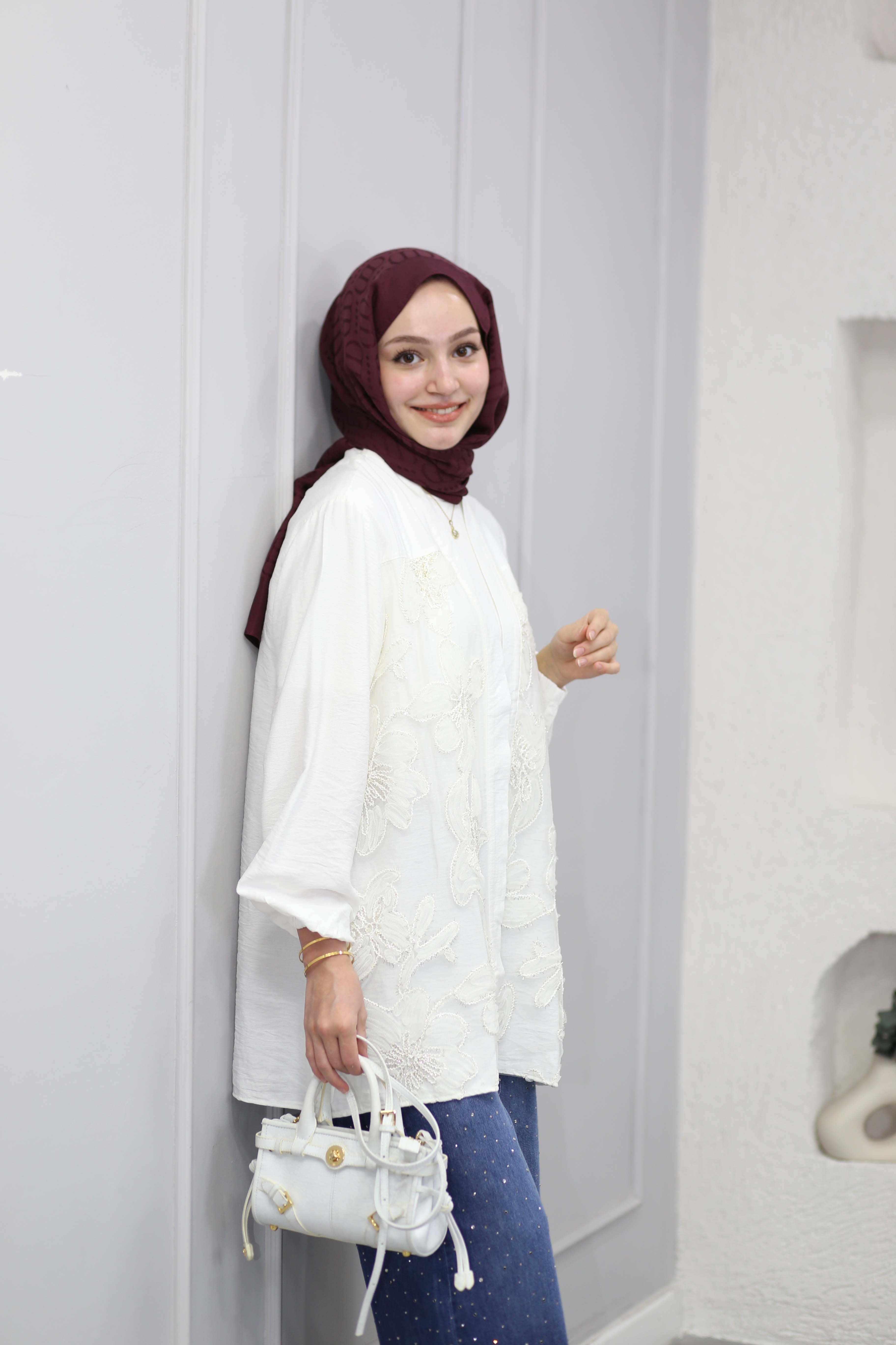 Tül Çiçek Desenli Kimono Beyaz 26112