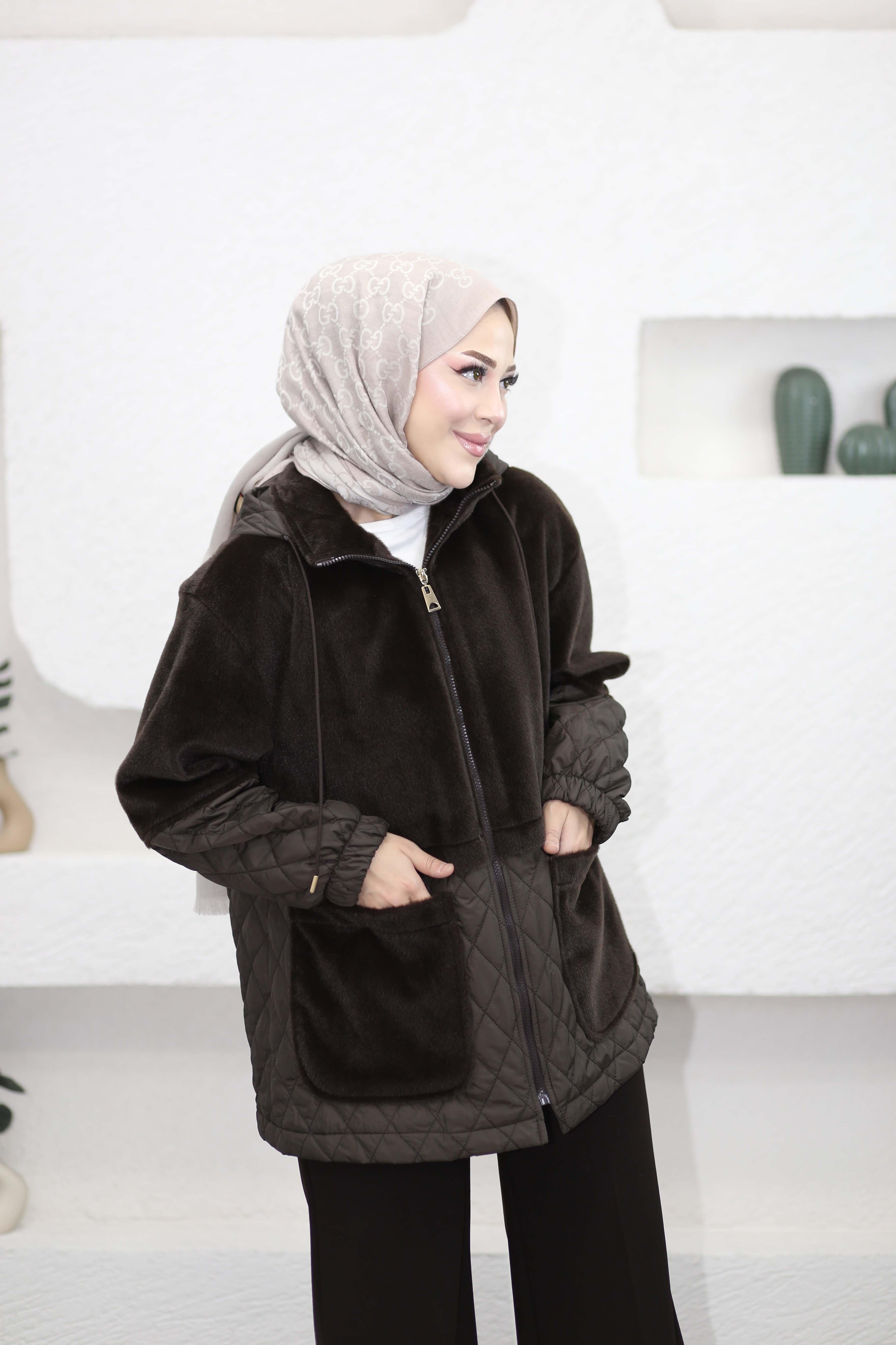 Kapitone Garnili Peluş Mont Kahverengi 35832