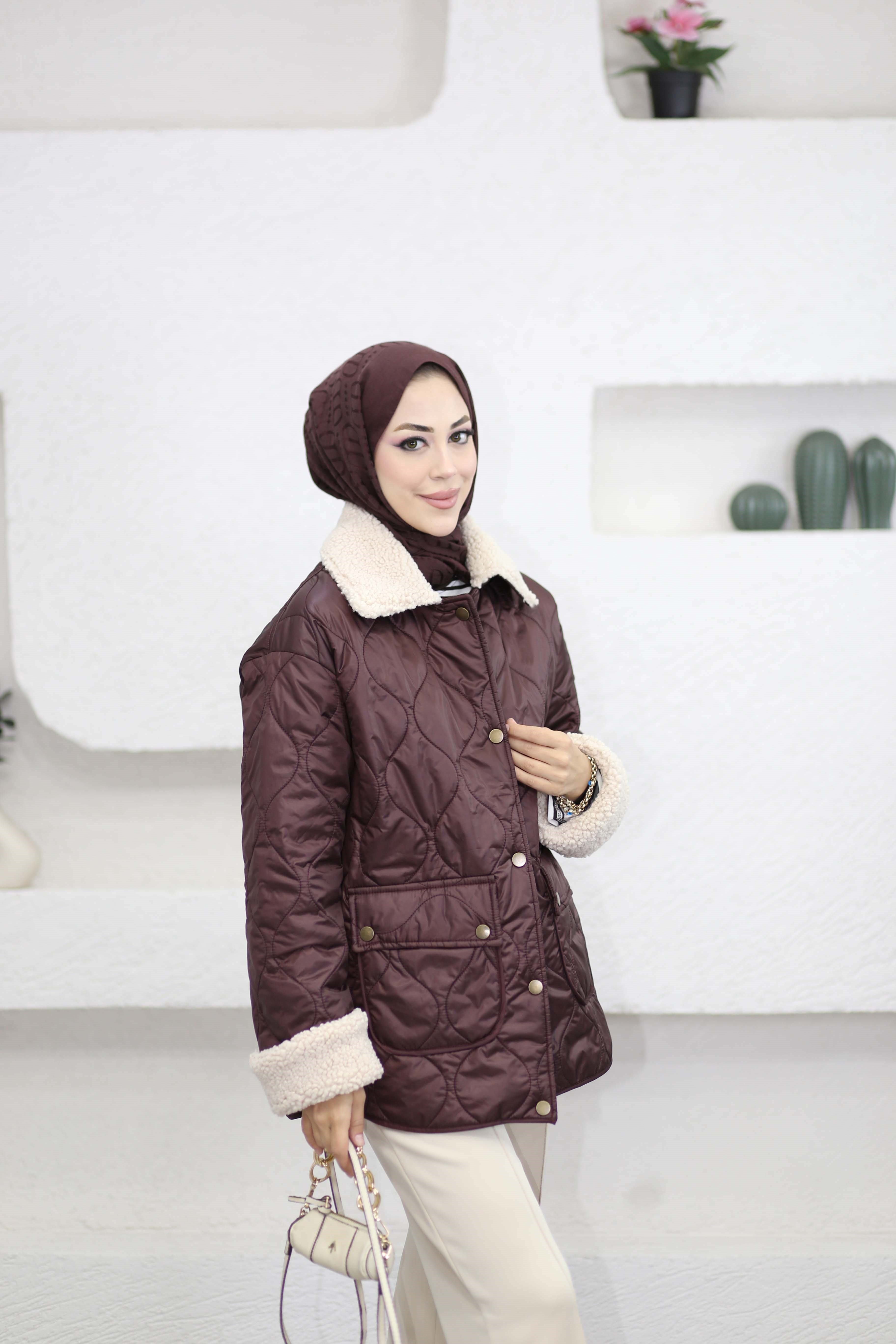 Yakası Kürklü Kapitone Mont Bordo 6162
