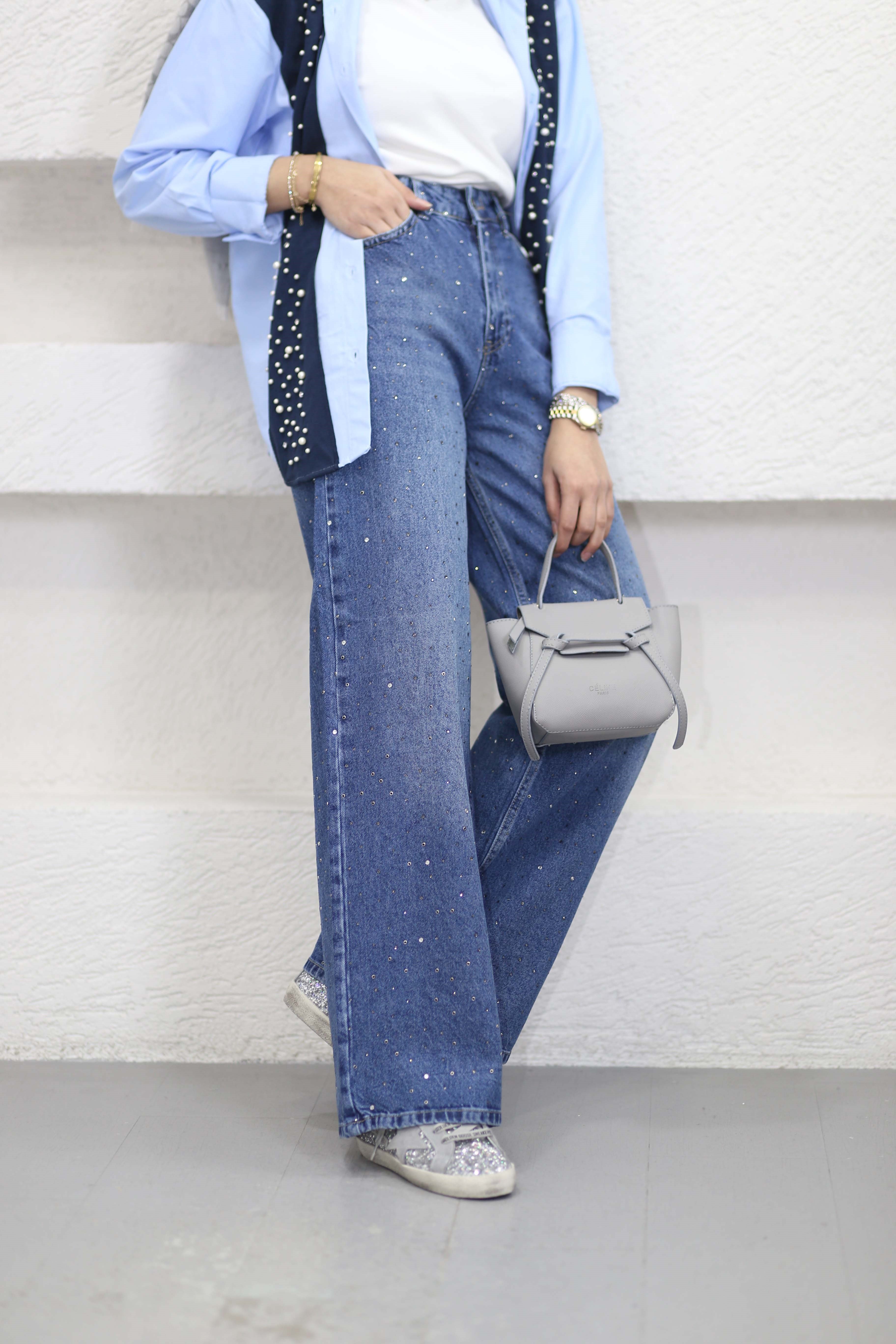 Ön Ark Taşlı Kot Pantolon Koyu Mavi 8318