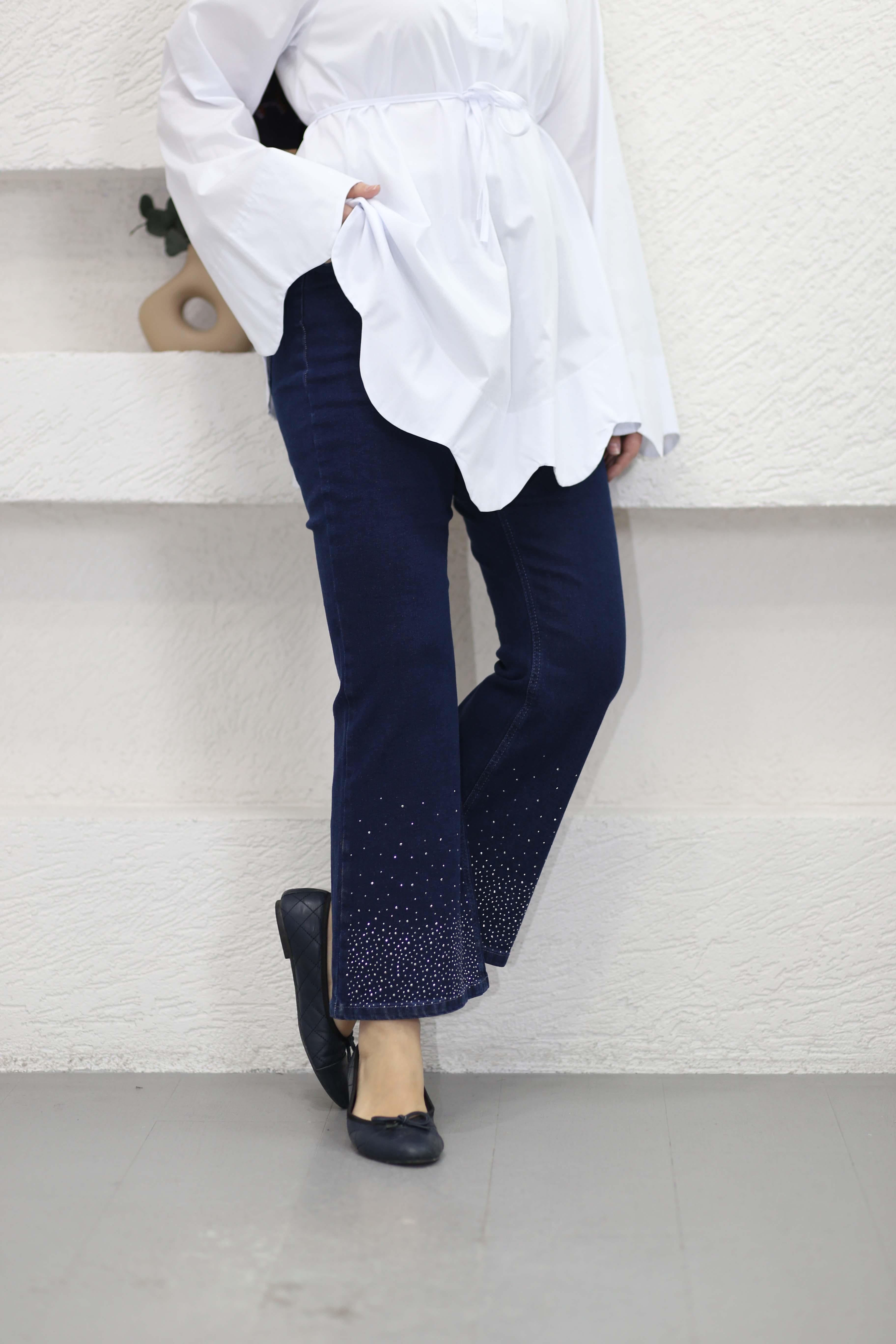 Paçası Taşlı İspanyol Pantolon Koyu Mavi 2802