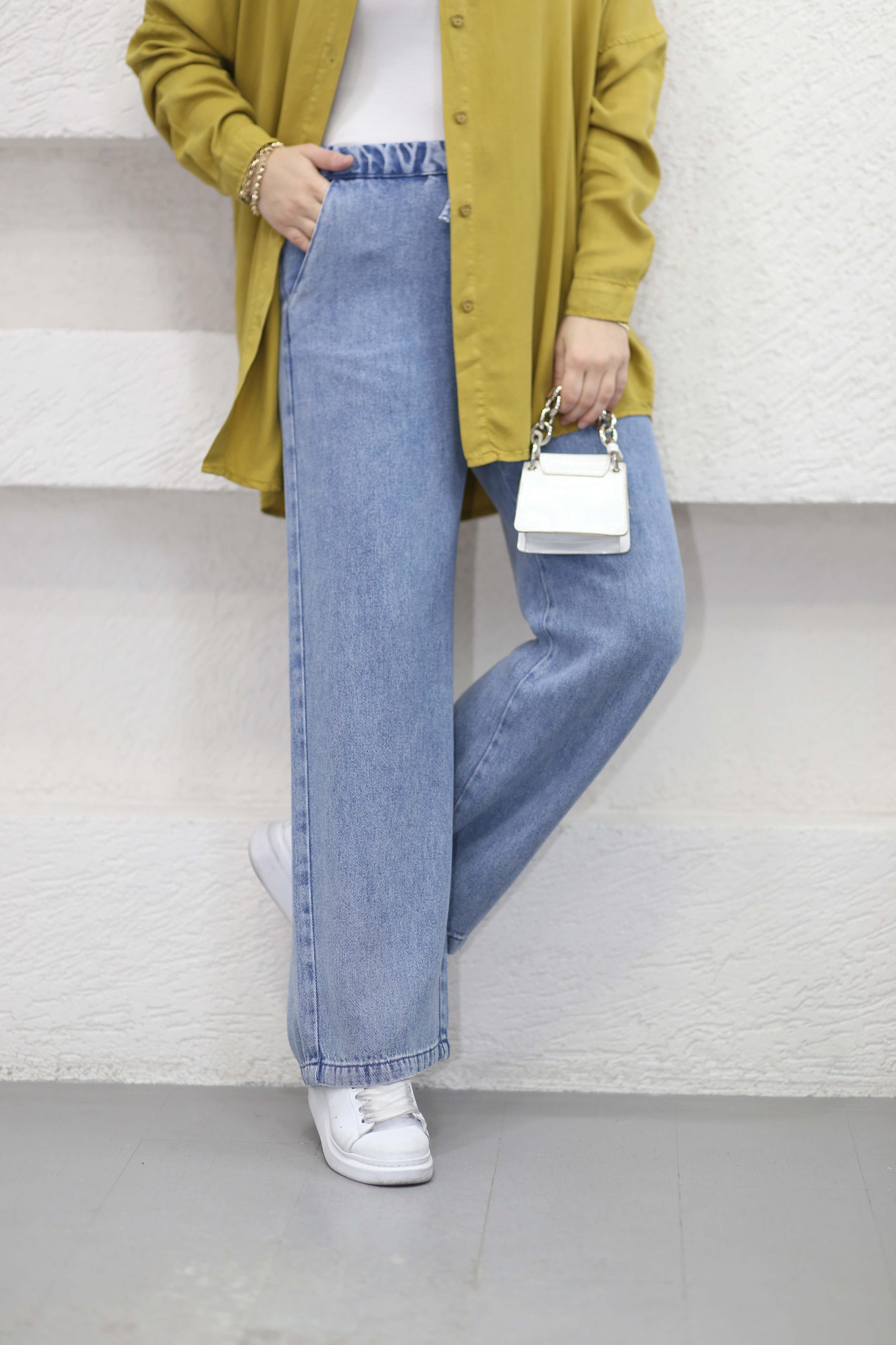 Beli Lastikli Bol Pantolon Açık Mavi 2773