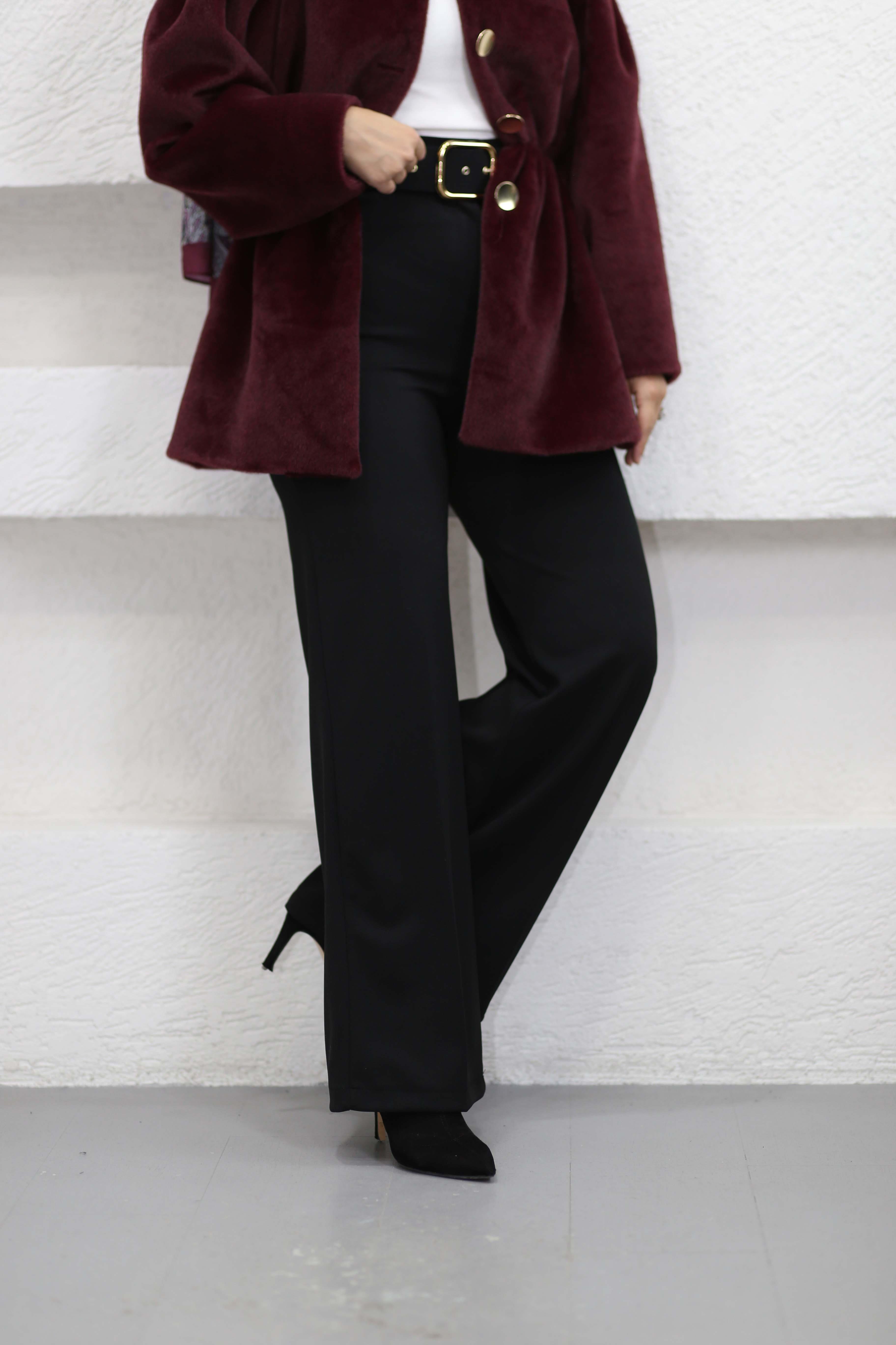 Kalın Kemerli Bol Paça Pantolon Siyah 4959