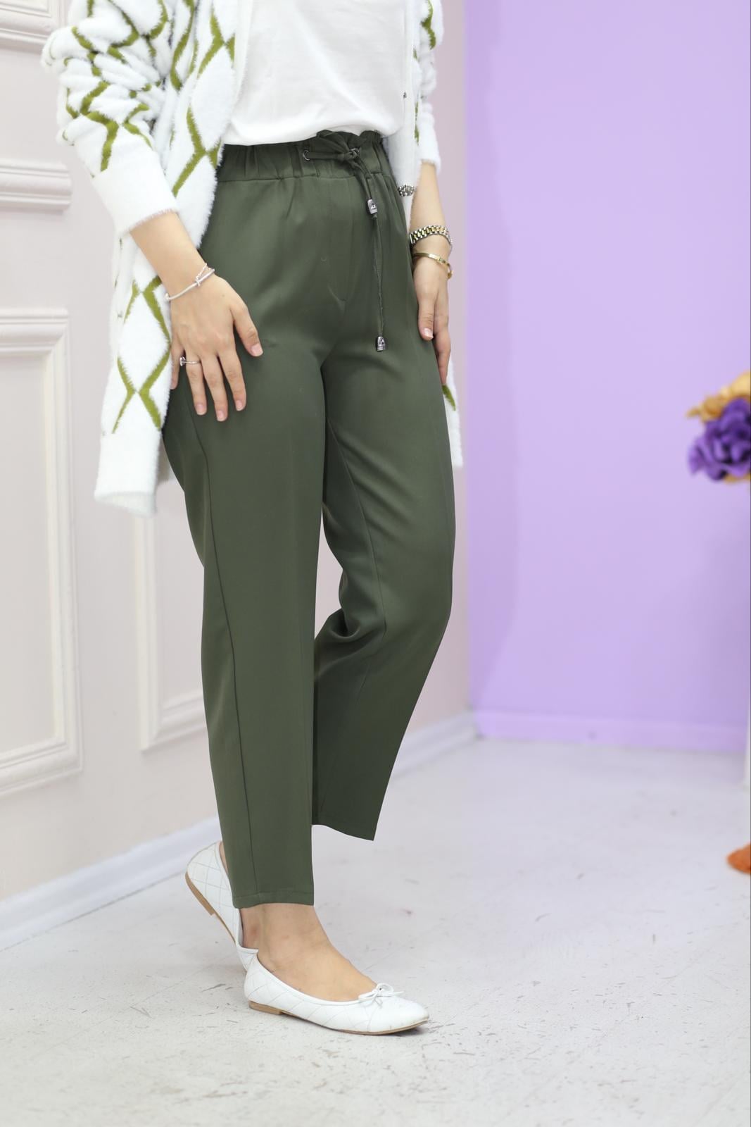 Beli Bağlamalı Krep Pantolon Haki 1314