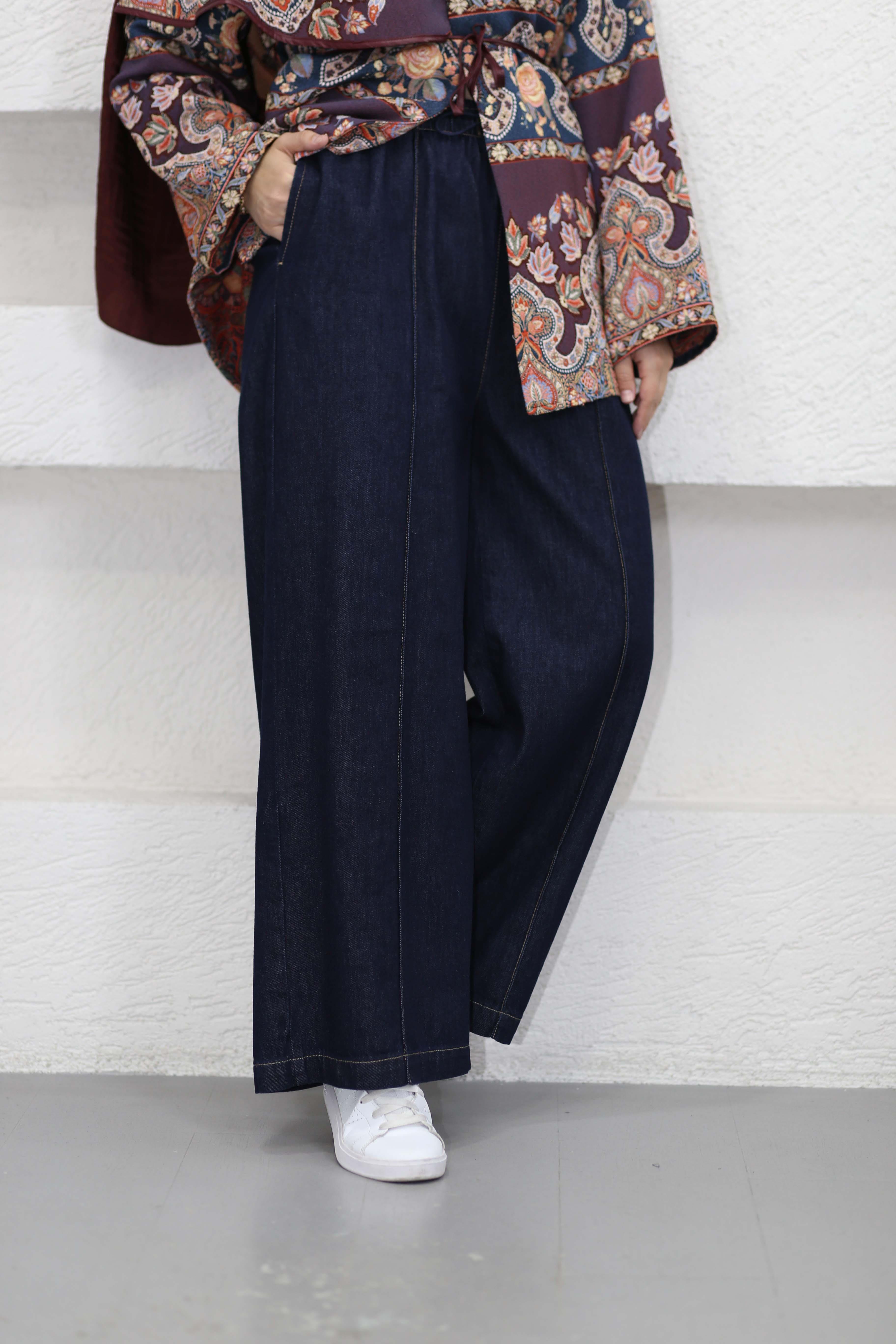 Nervürlü Geniş Paça Pantolon Lacivert 35927