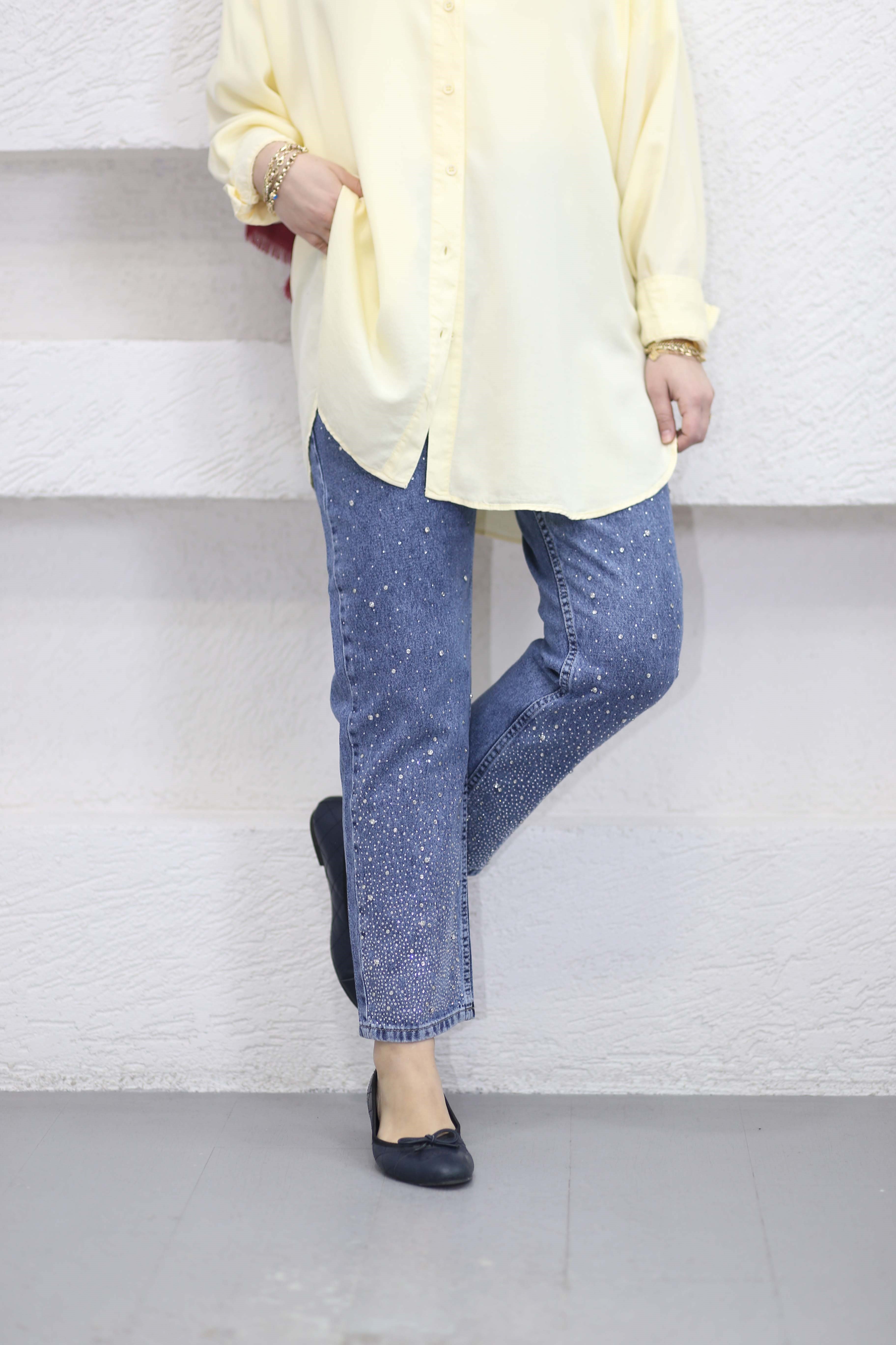 Taşlı Jean Koyu Mavi 3383