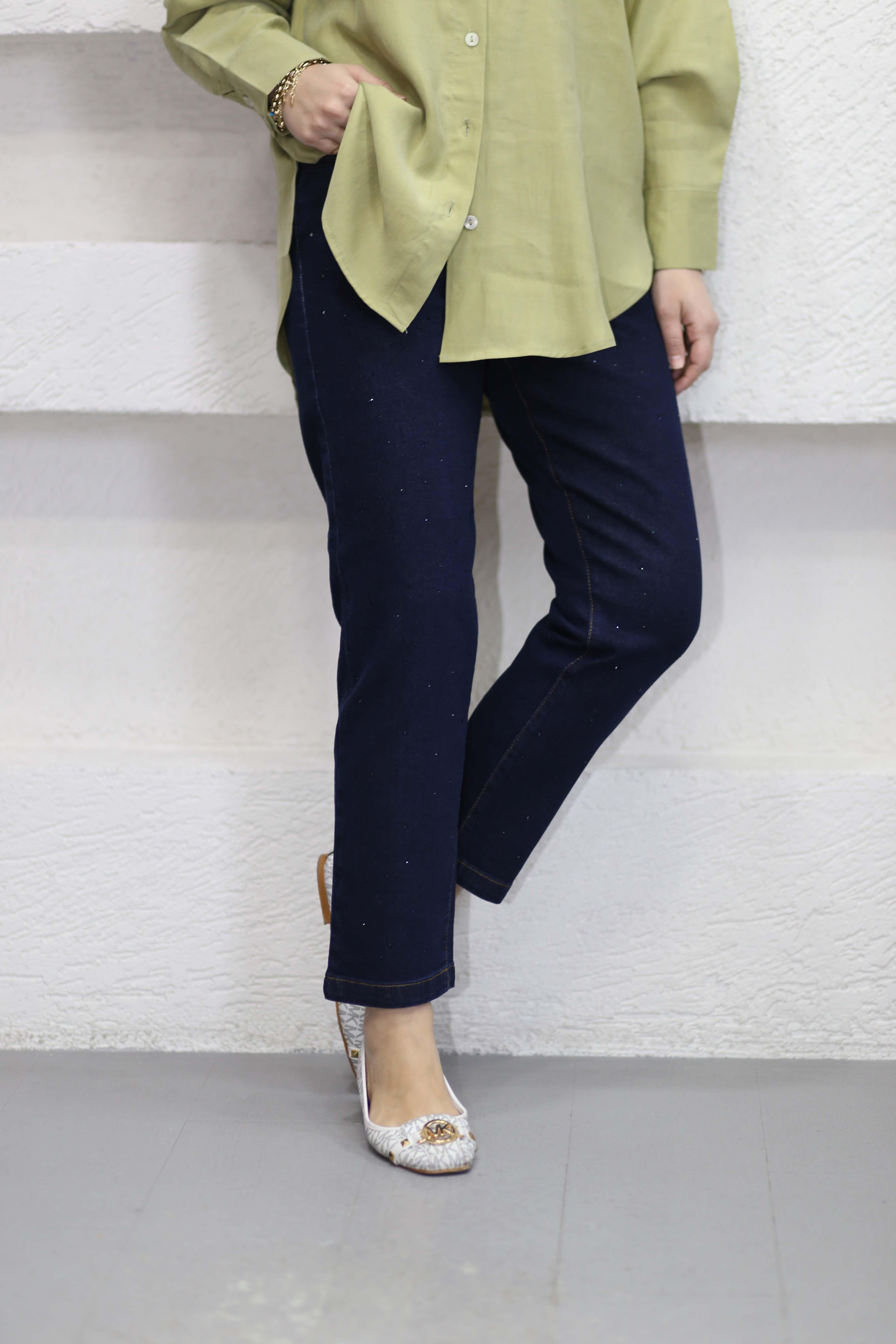 Taşlı Denim Pantolon Koyu Mavi 2804