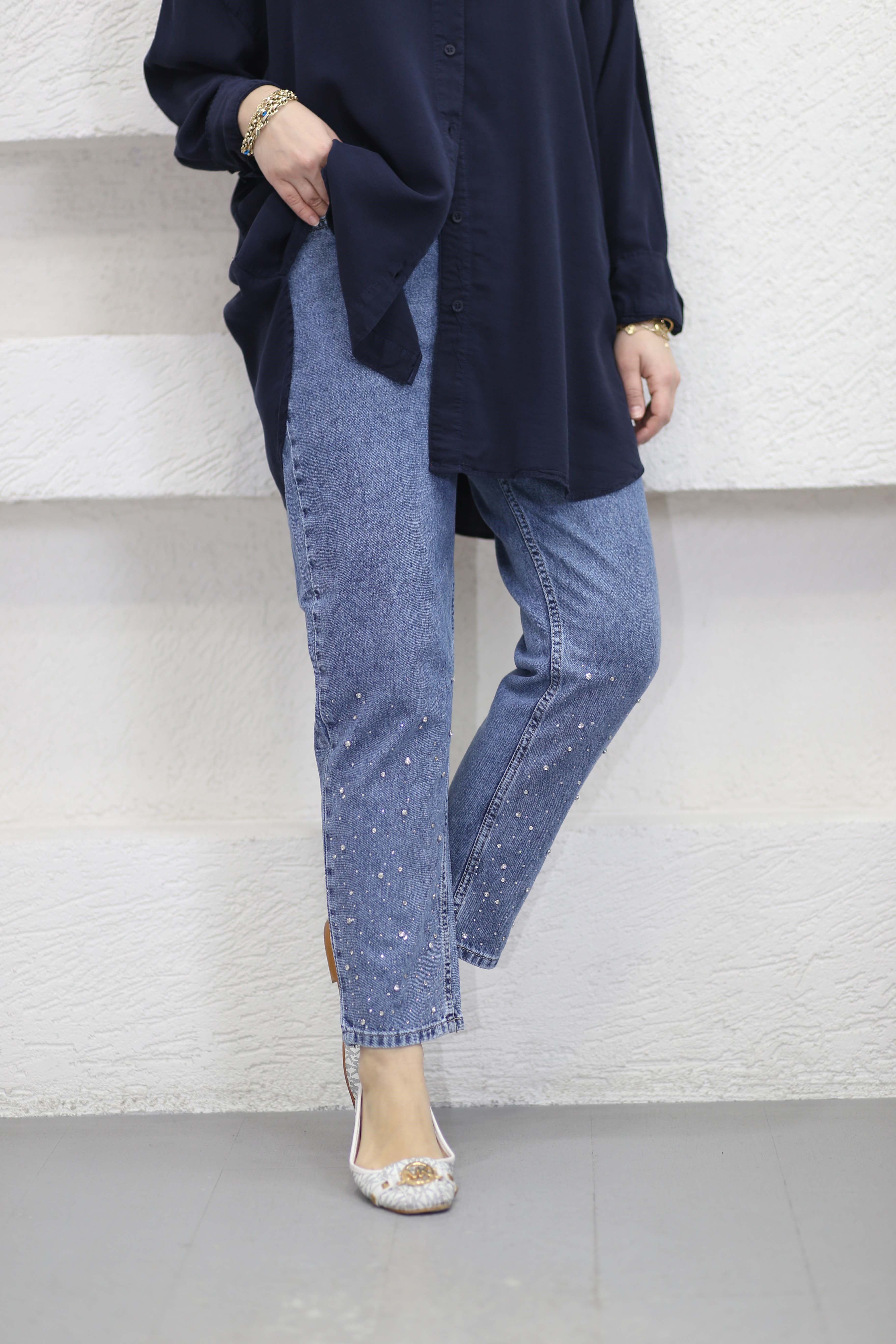 Bilek Ucu Taşlı Kot Pantolon Koyu Mavi 3375