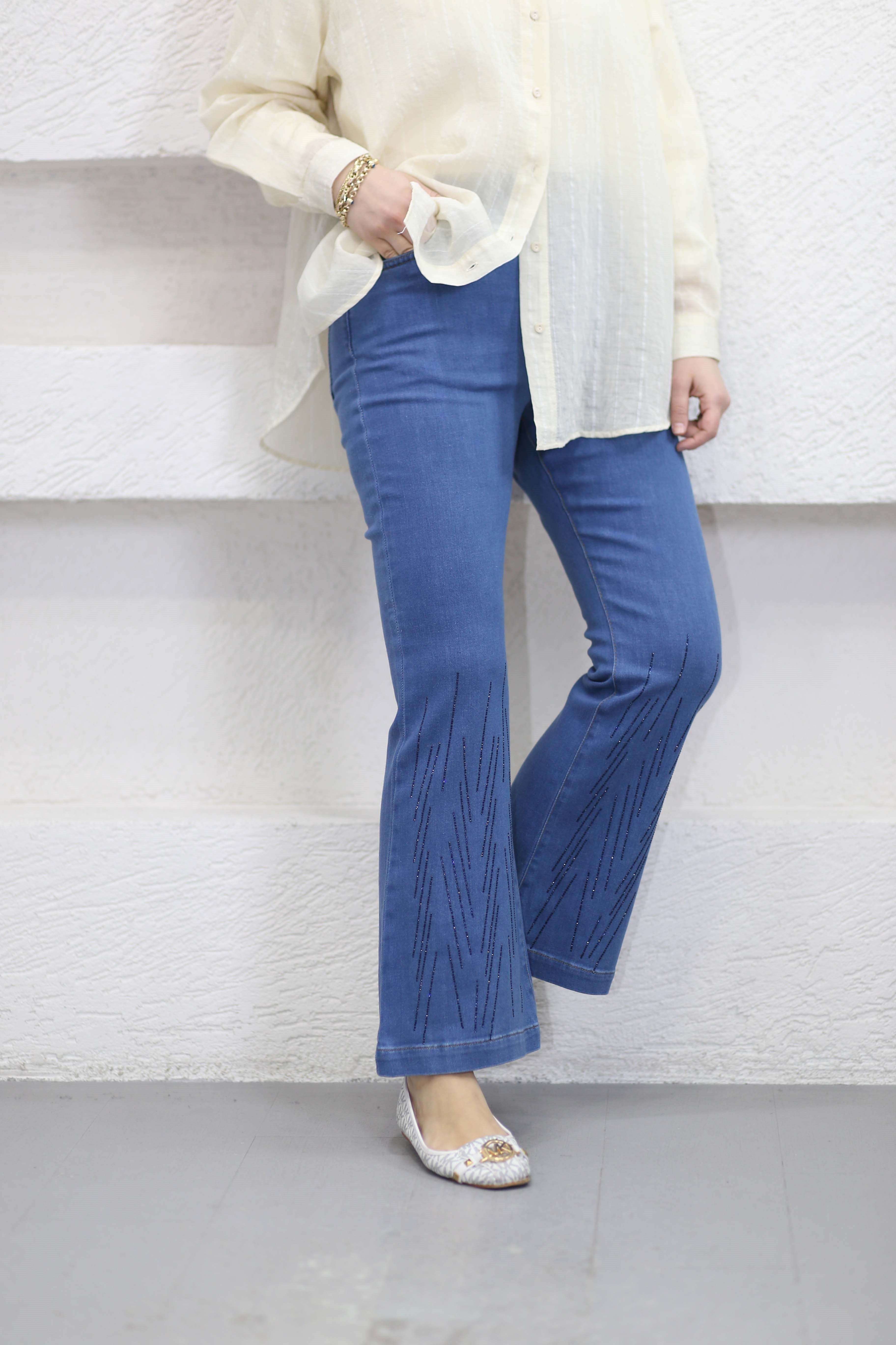 Zikzaklı İspanyol Kot Pantolon Açık Mavi 2806