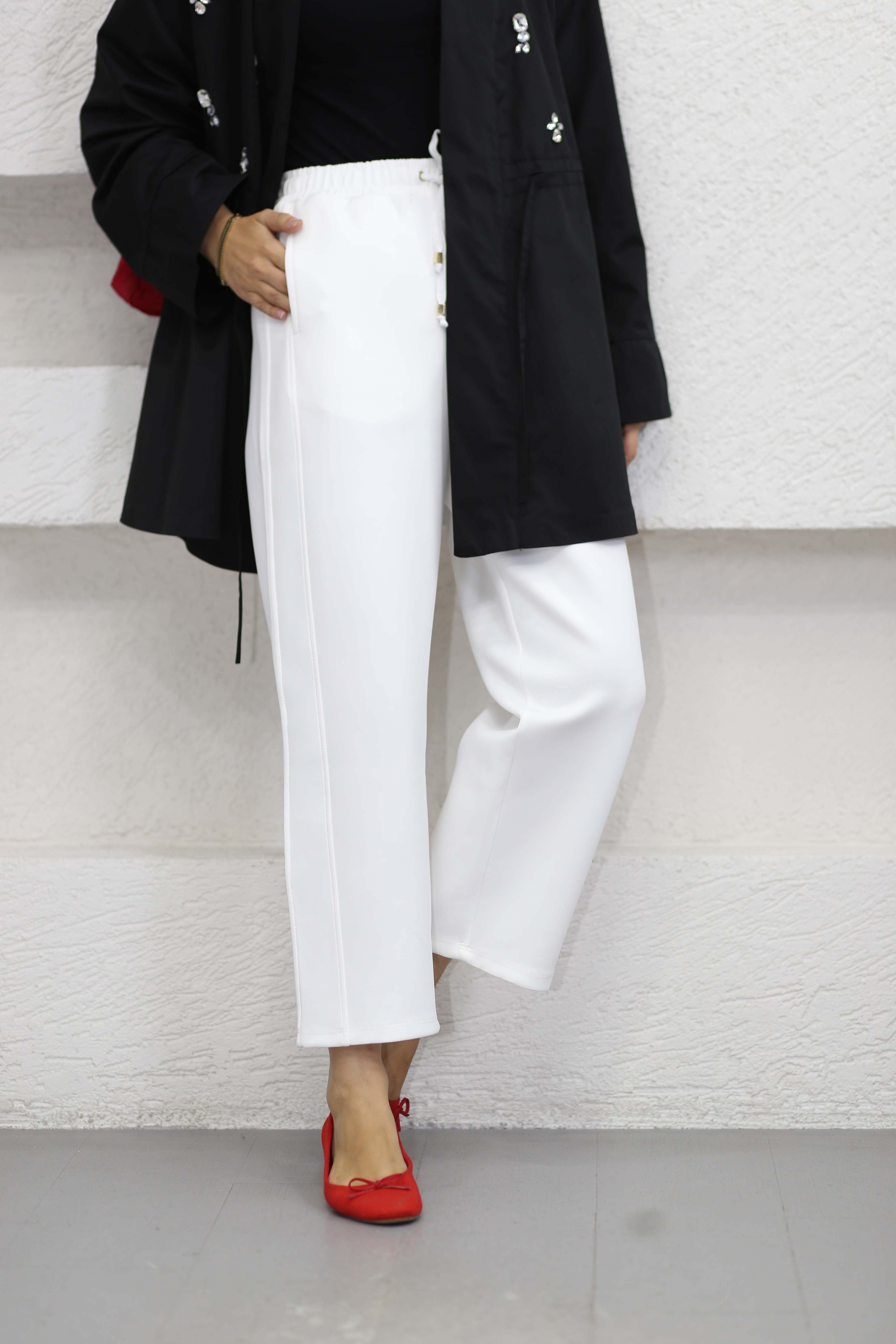 Yanı Şeritli Scuba Pantolon Beyaz 0078