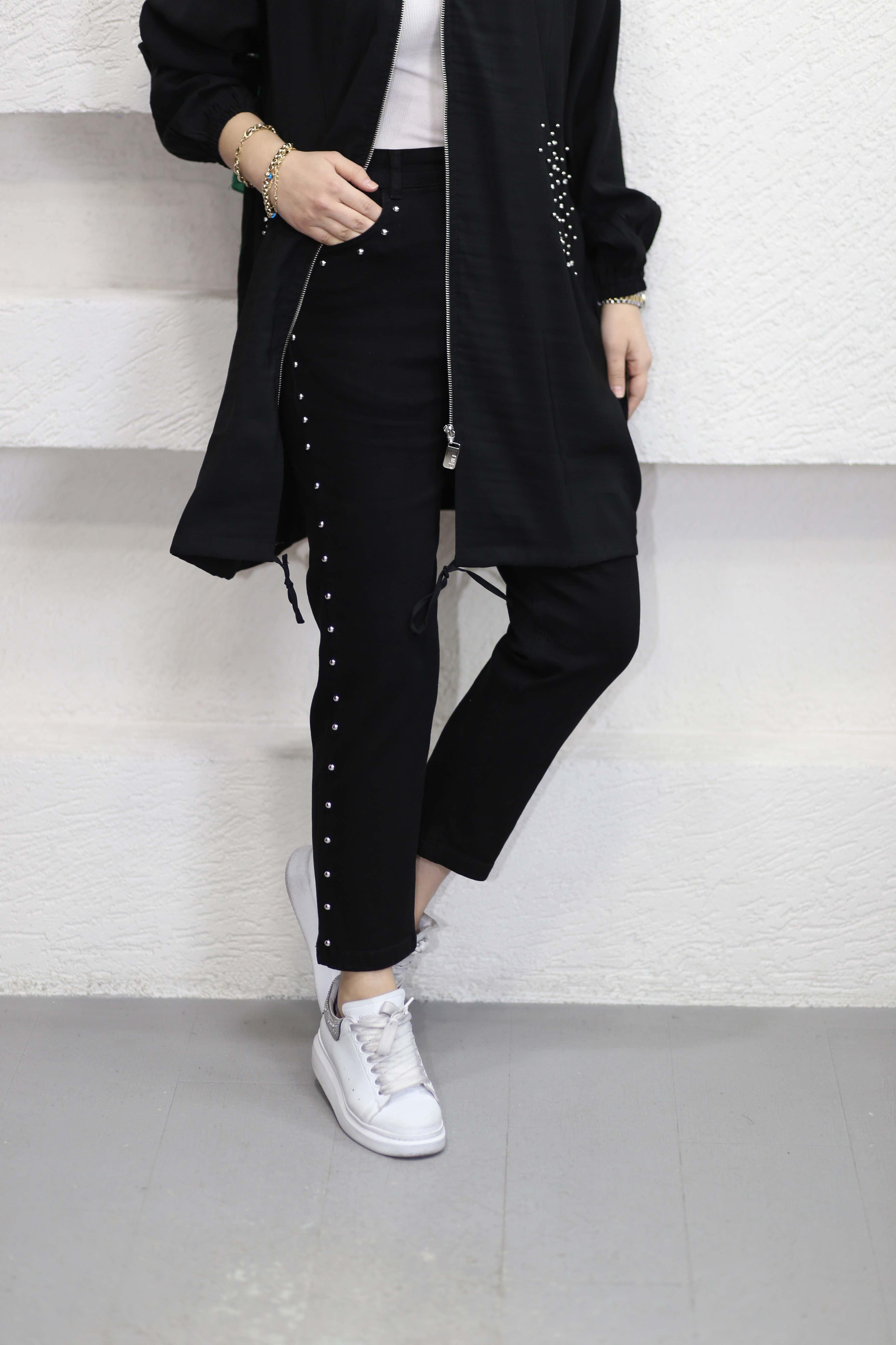 Yan Zımbalı Denim Pantolon Siyah 2805