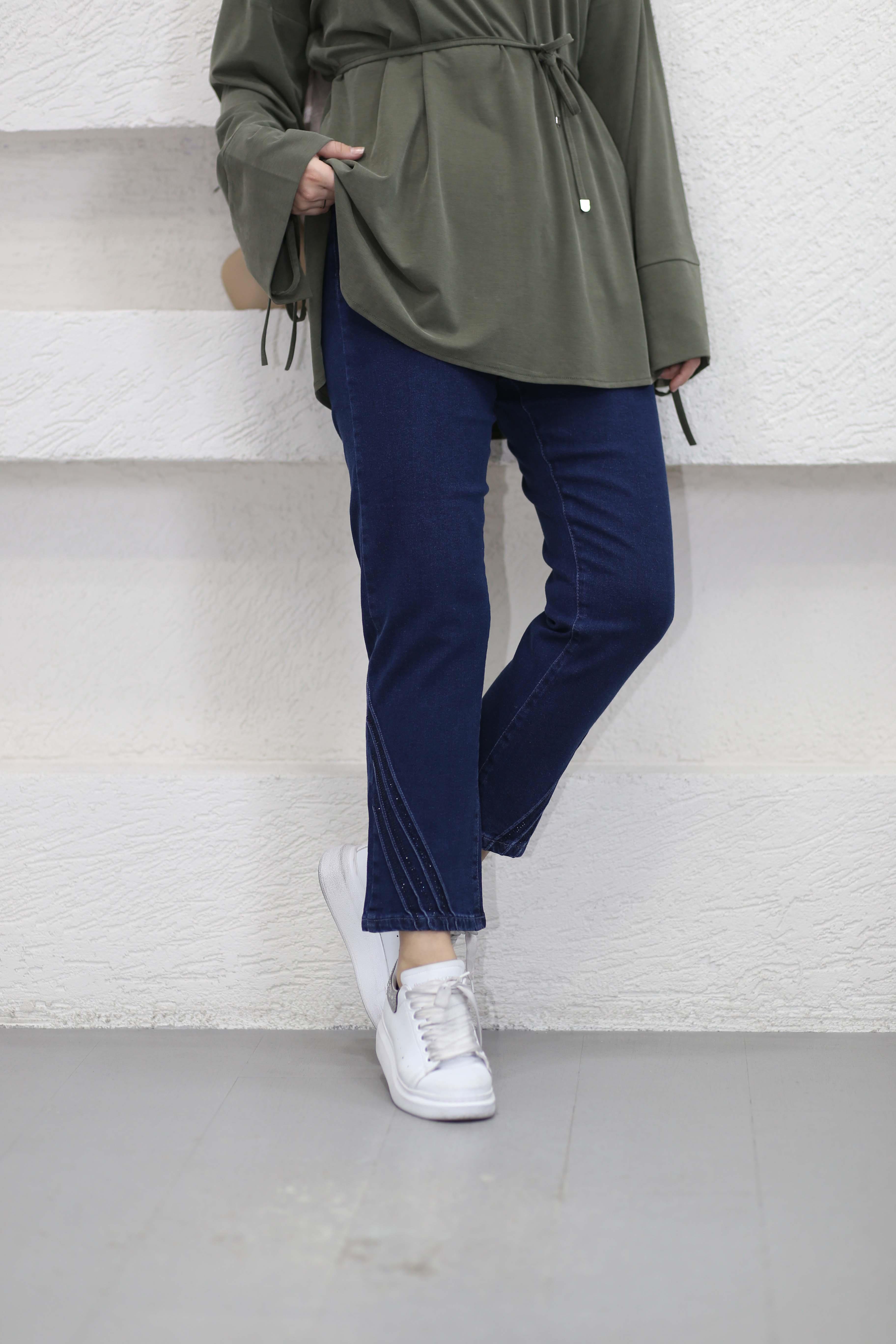 Taşlı Dar Paça Pantolon Koyu Mavi 2801