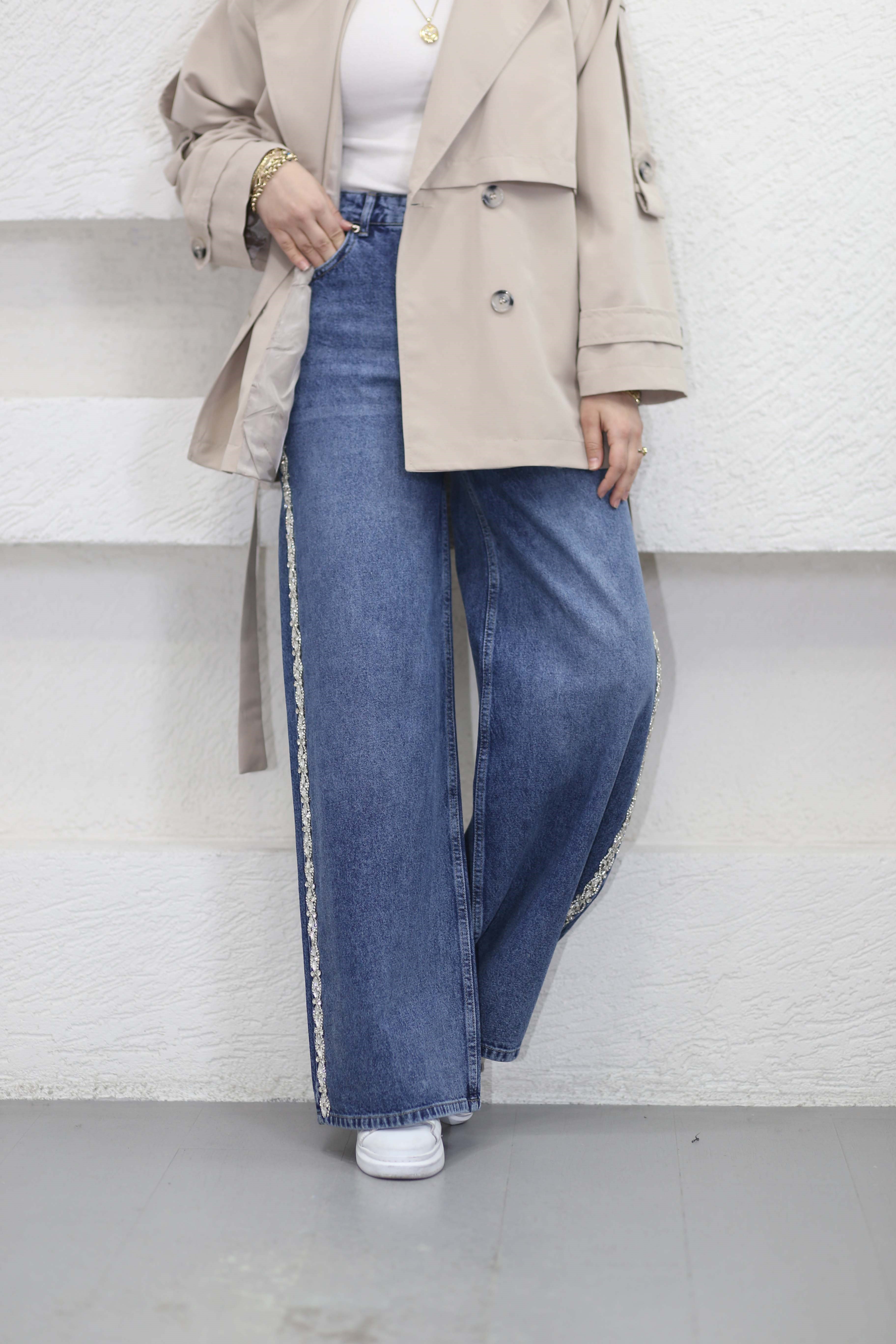 Yanı Taşlı Kot Pantolon Koyu Mavi 8317