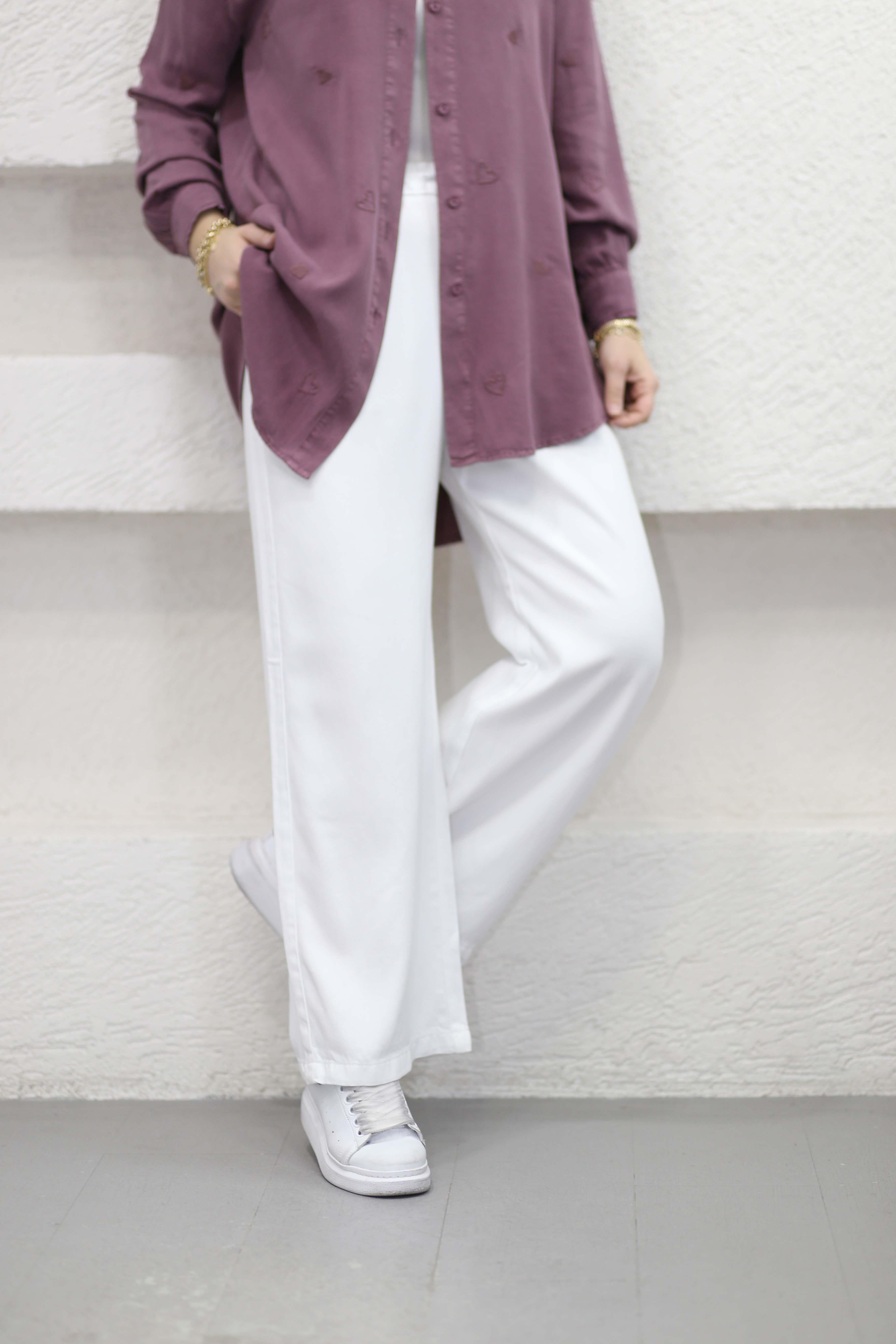 Beli Lastikli Bol Pantolon Beyaz 2773