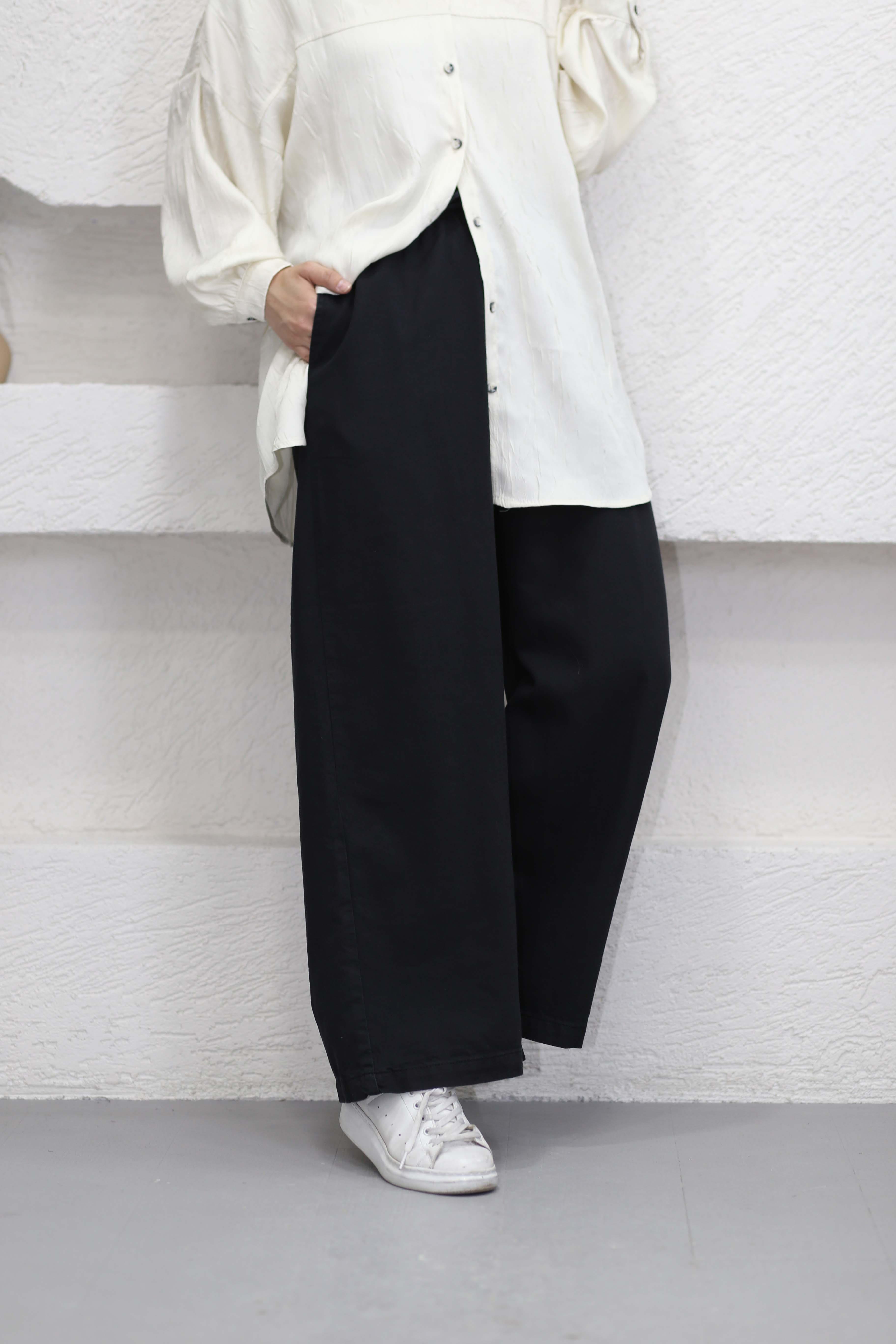 Beli Lastikli Bol Paça Pantolon Siyah 2738