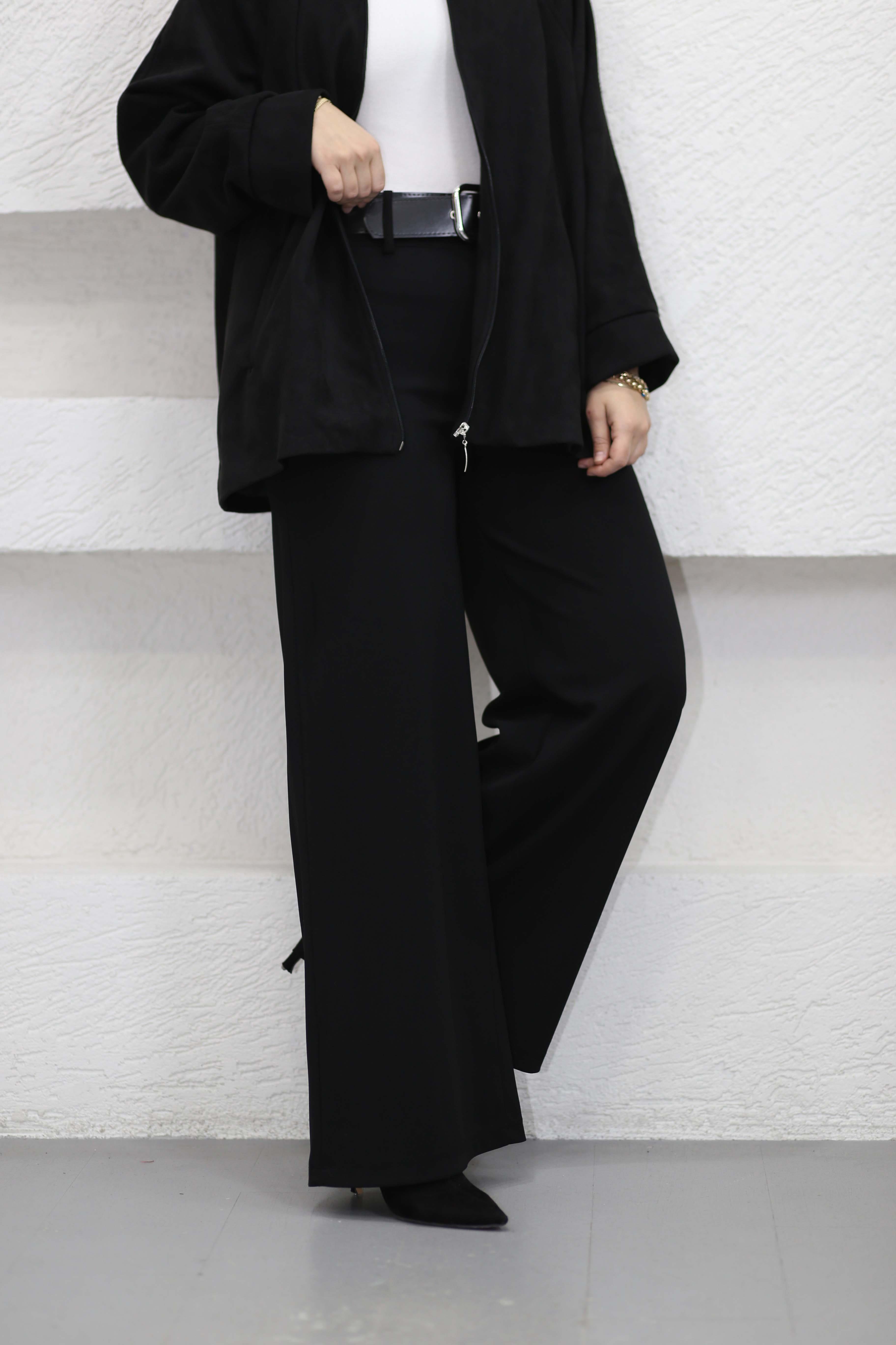 Deri Kemerli Bol Paça Pantolon Siyah 328