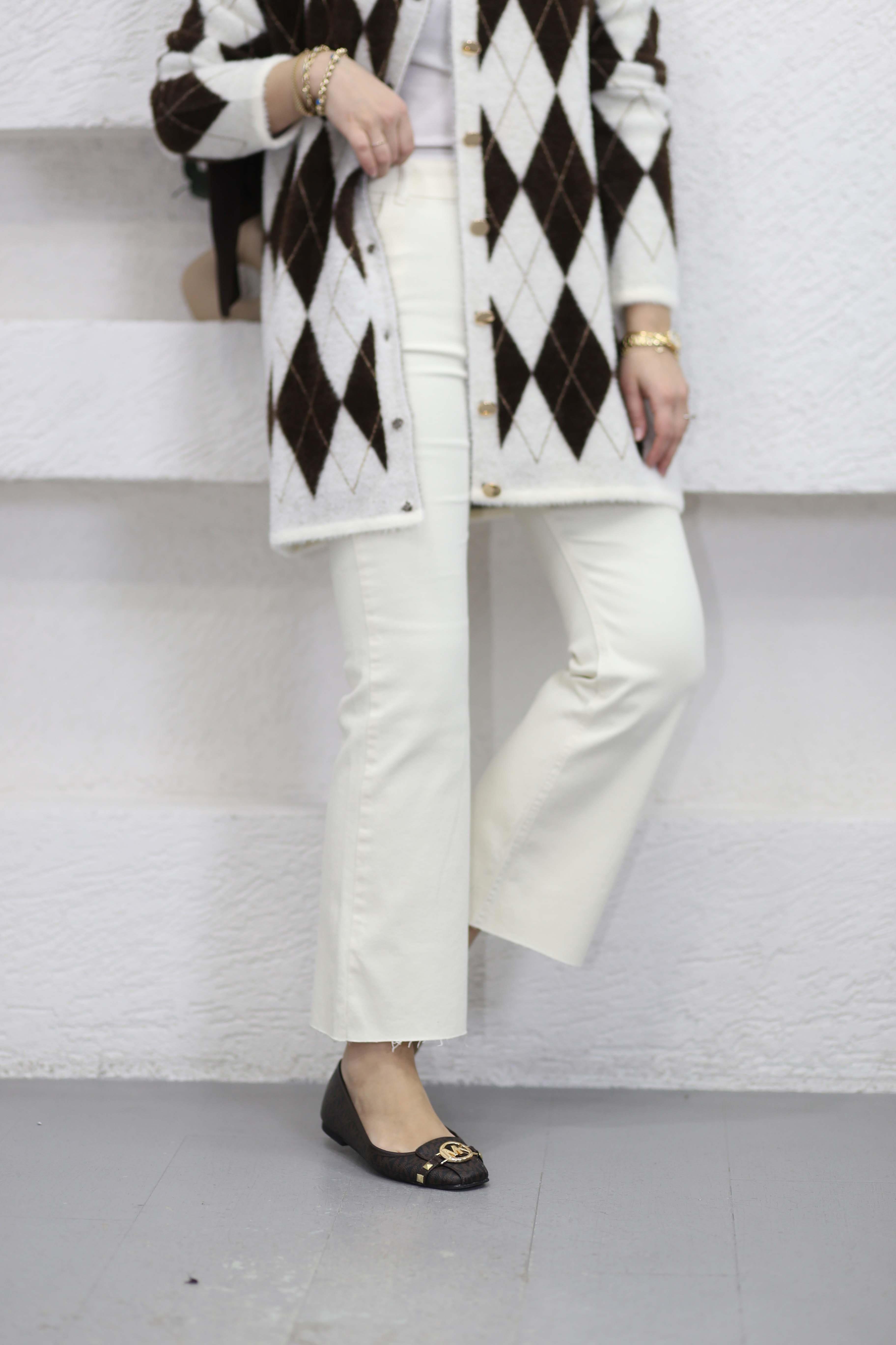 Denim İspanyol Paça Pantolon Krem 2663