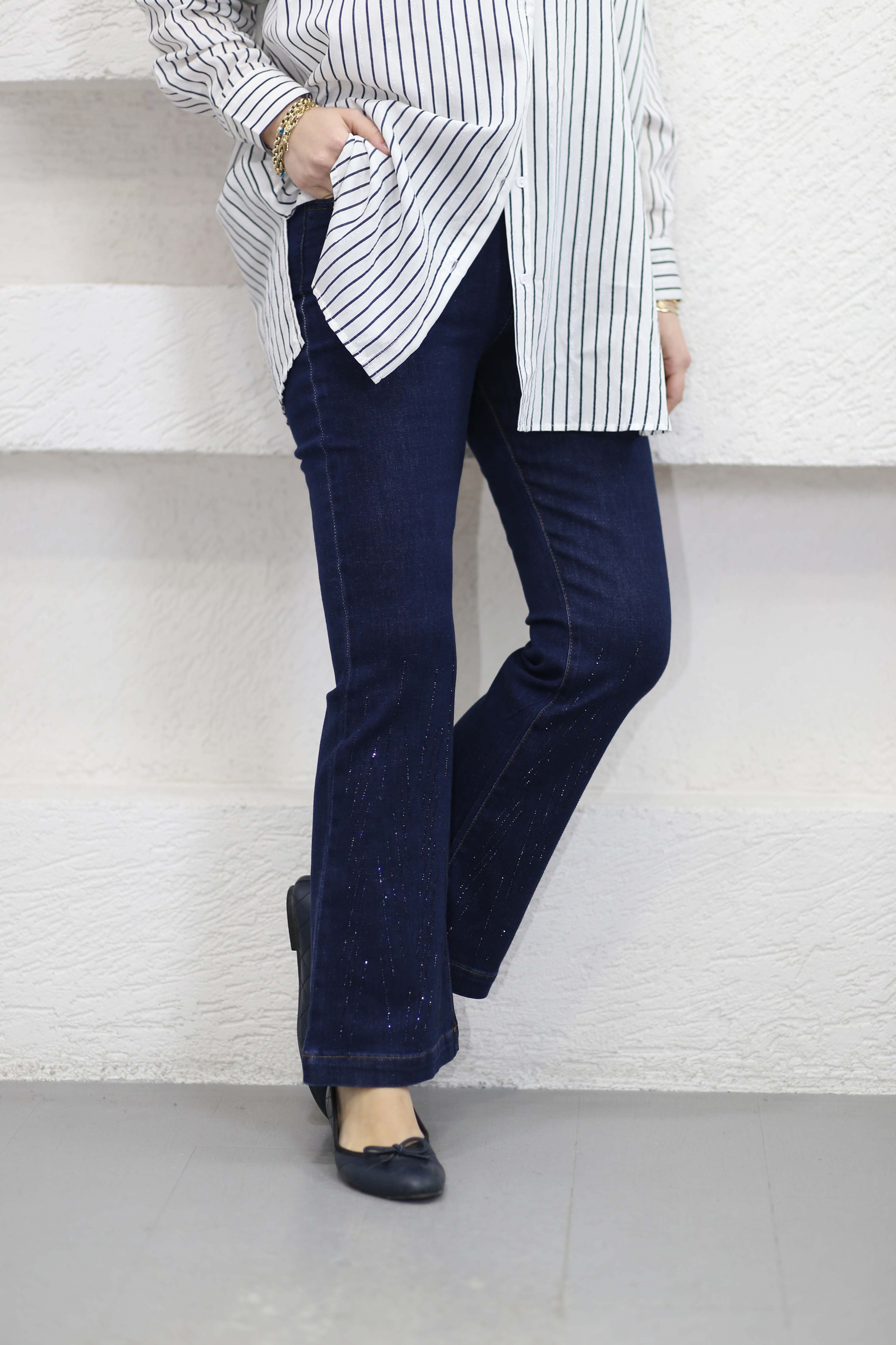 Zikzaklı İspanyol Kot Pantolon Koyu Mavi 2806