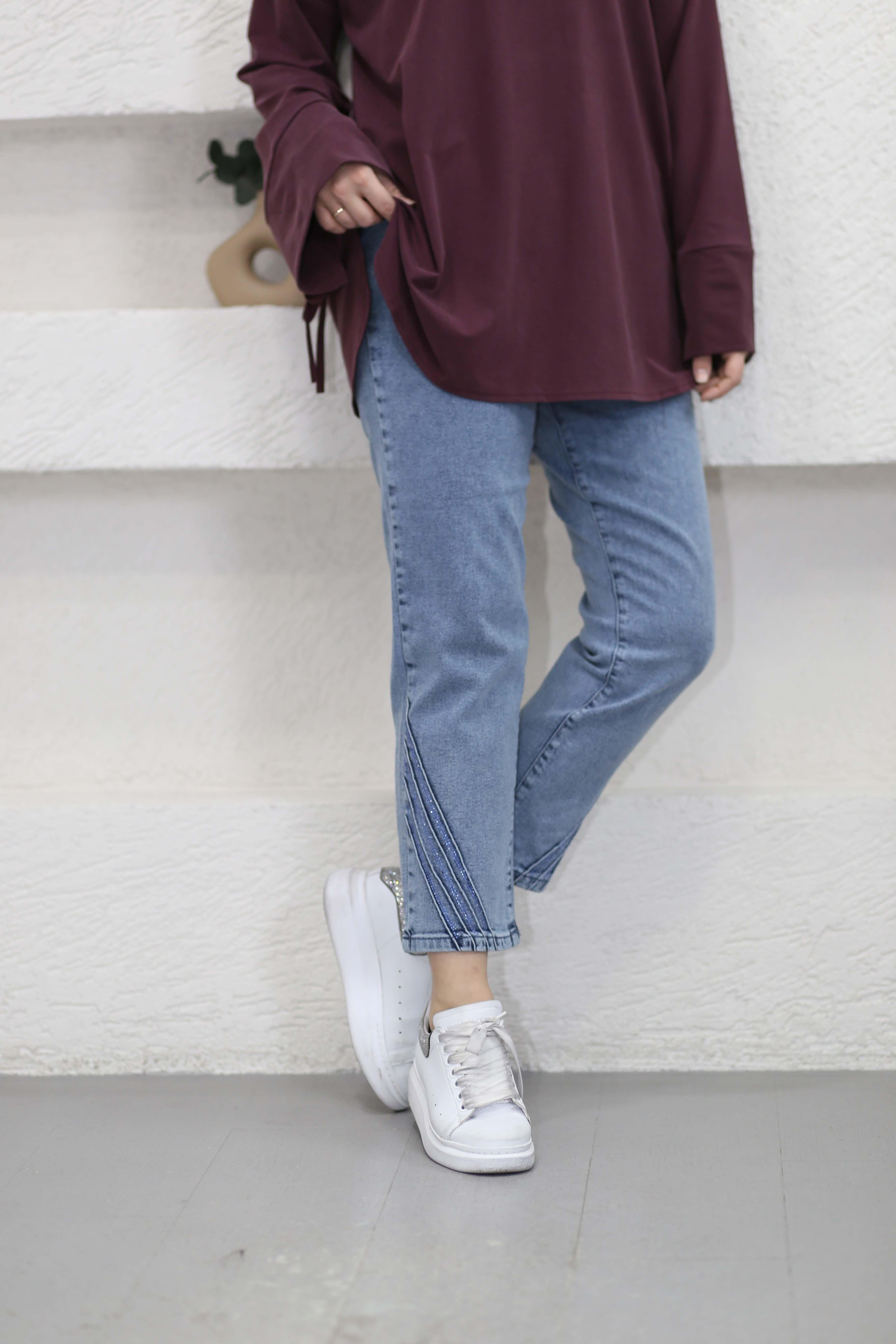 Taşlı Dar Paça Pantolon Açık Mavi 2801