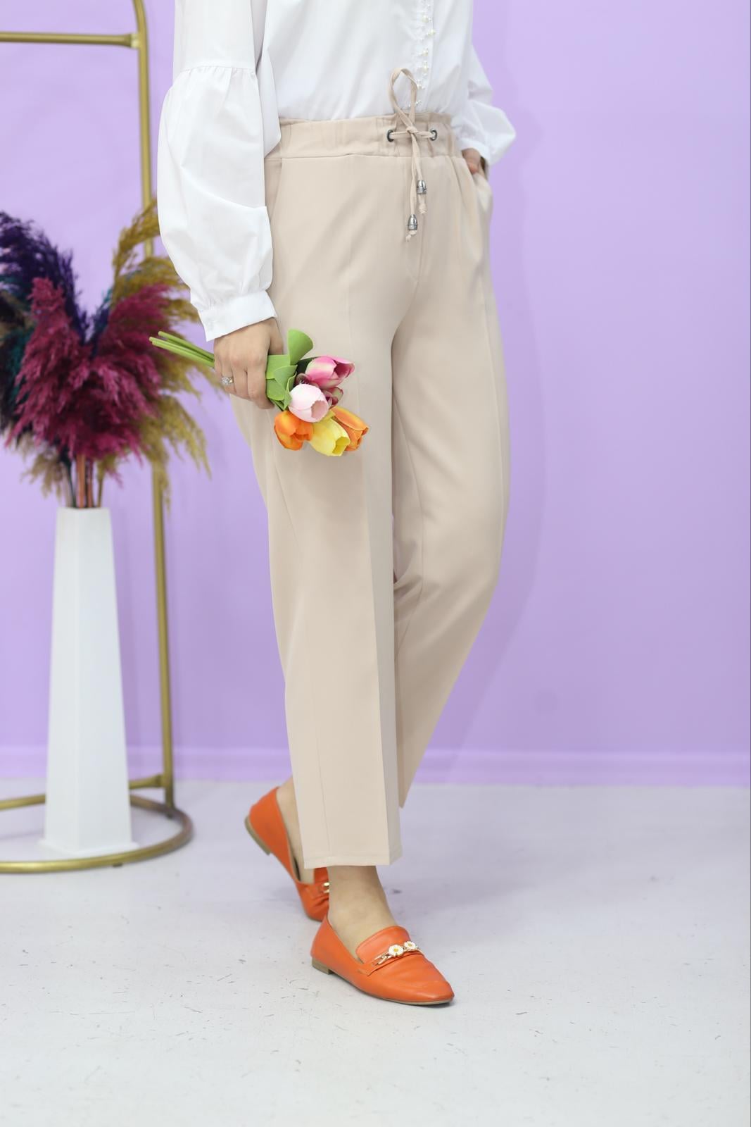 Beli Bağlamalı Krep Pantolon Bej 1314