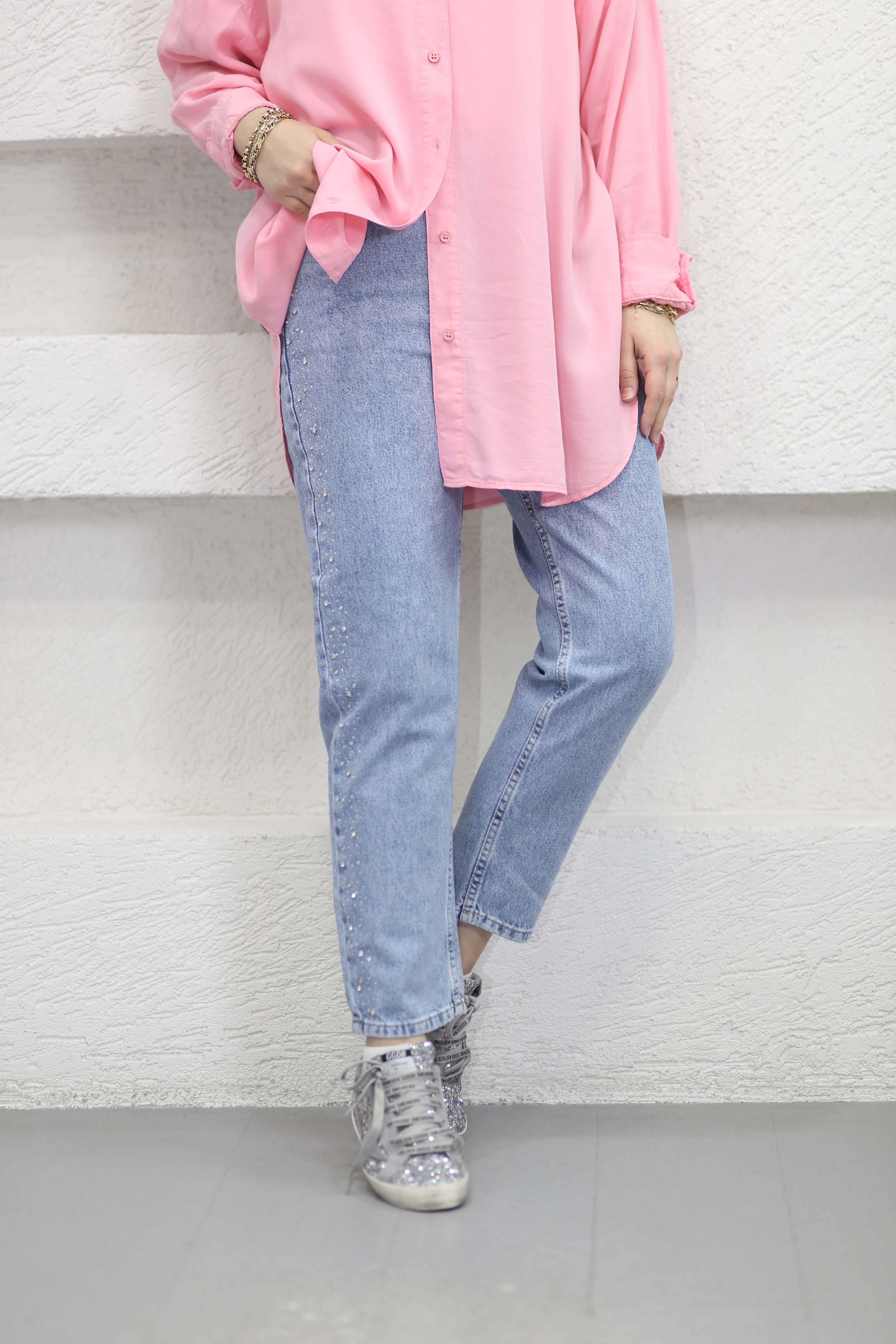 Taş Şeritli Kot Pantolon Koyu Mavi 3376