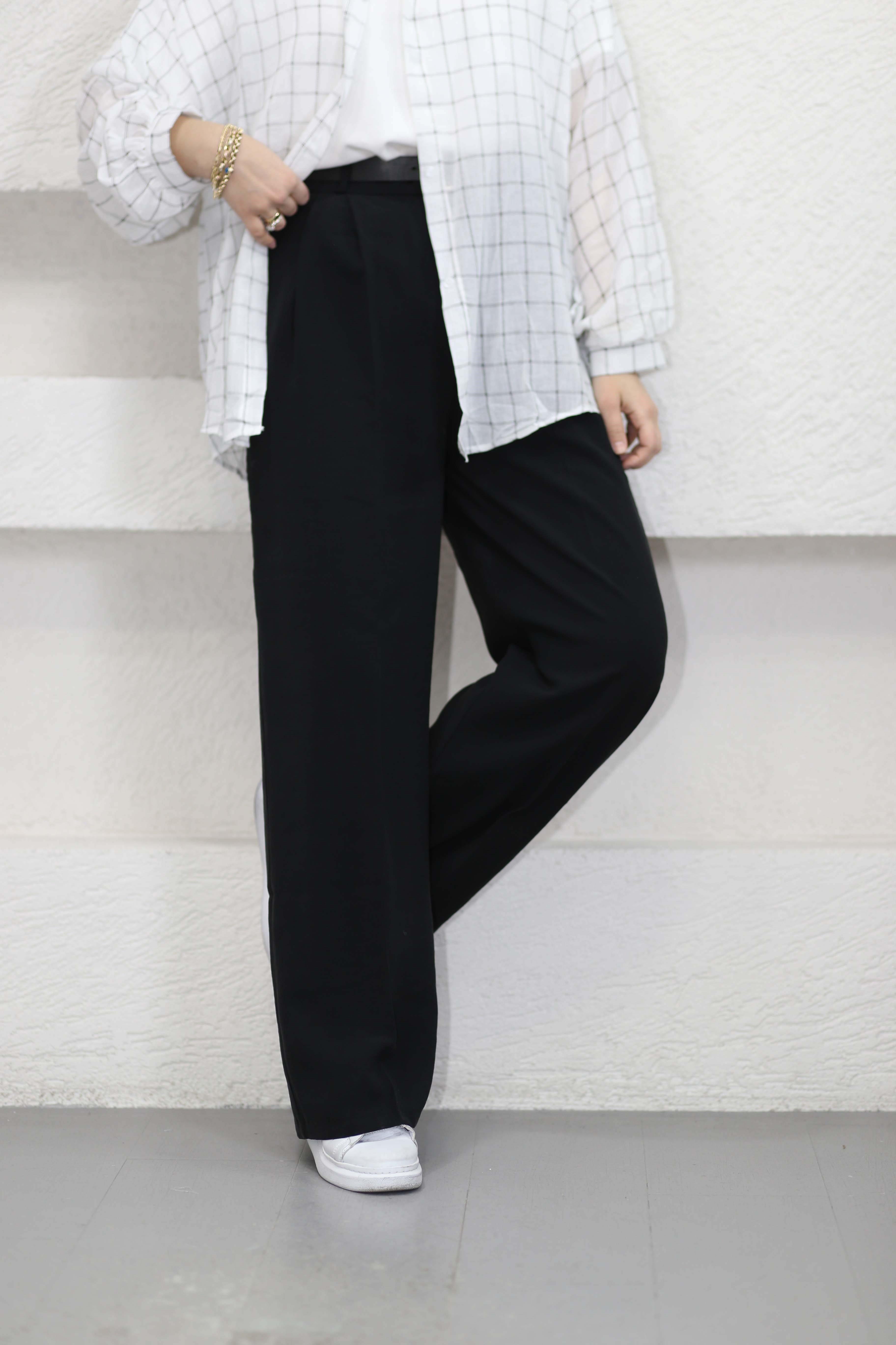 Deri kemerli palazzo pantolon Siyah 4913