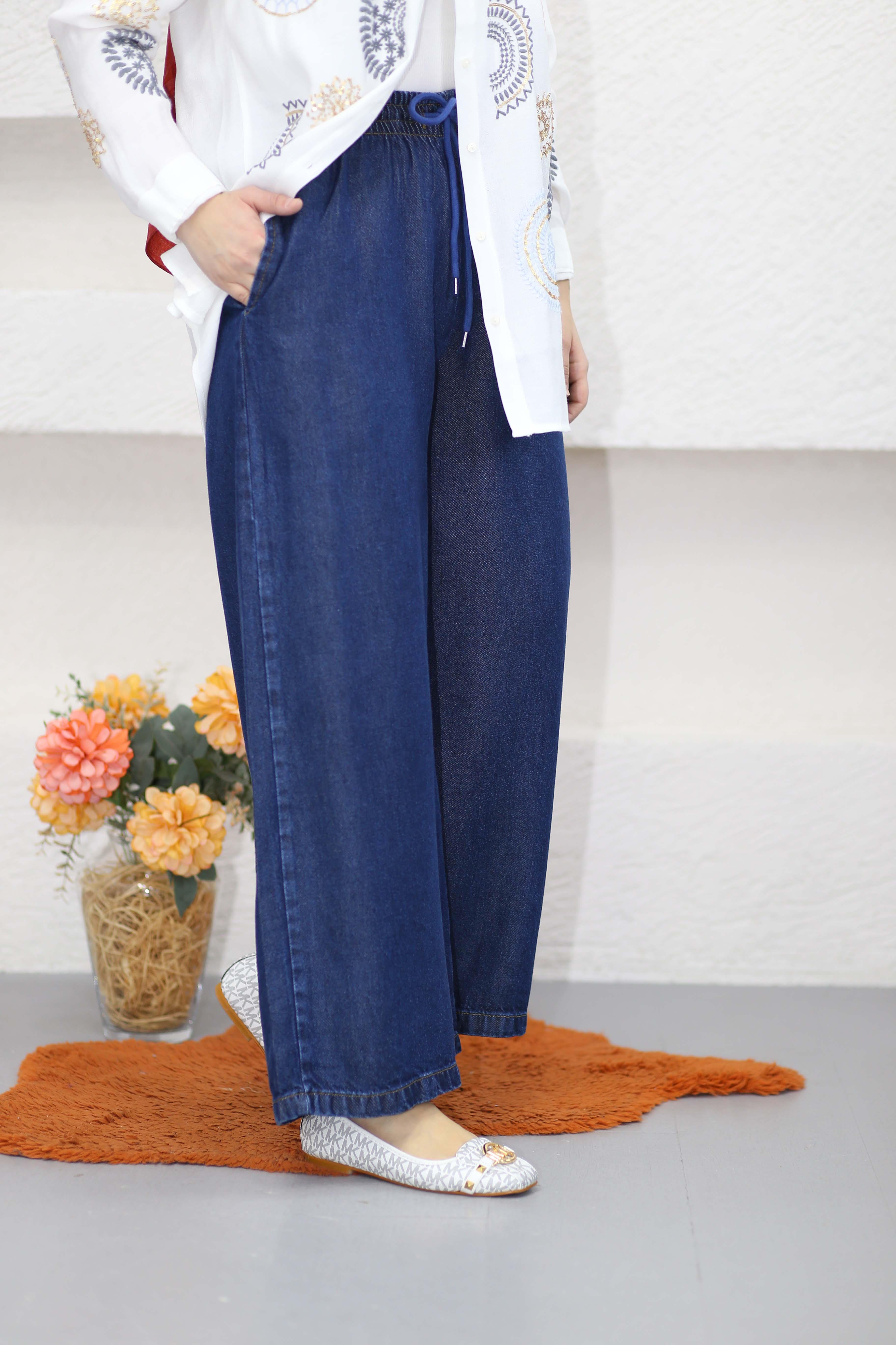 Beli Lastikli Bol Paça Pantolon Koyu Mavi 2738